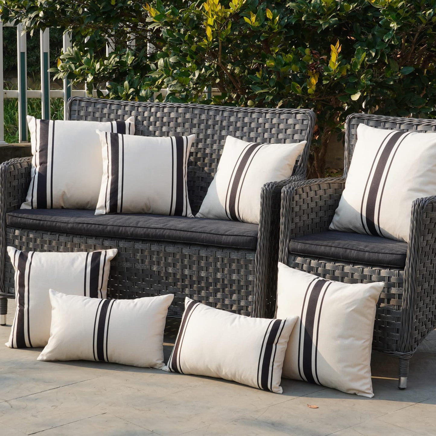 ONWAY Outdoor Pillow Covers Waterproof 18x18 Set of 2 Decorative Linen Throw Pillow Cover Beige and Black Striped Outdoor Pillows for Patio Furniture BST220