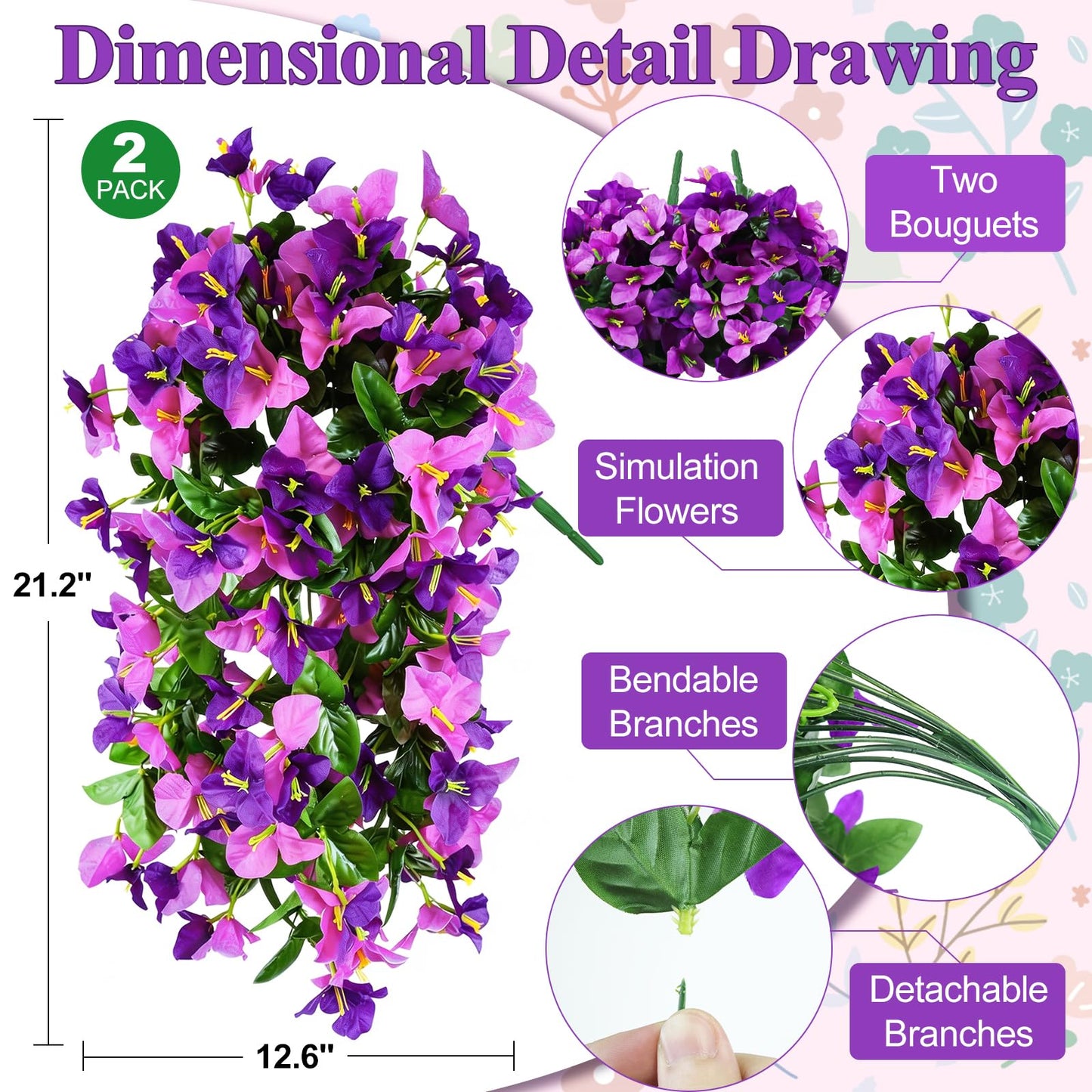2 Pack Artificial Bougainvillea Flowers for Outdoors Decorations, Fake Hanging Plants, Faux Outside Flowers UV Resistant for Baskets Home Front Door Porch Patio Balcony Yard(Hot Pink) BST202