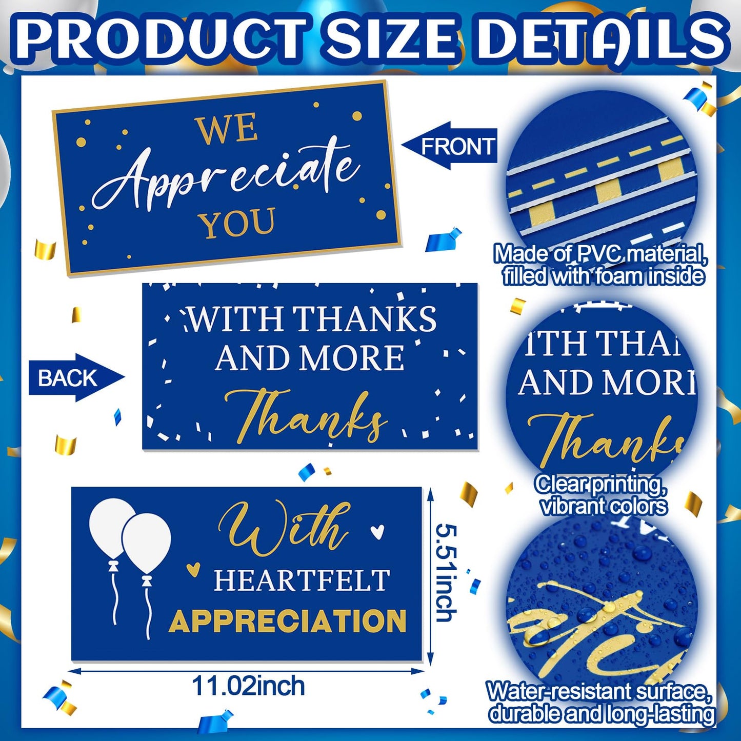 Tinlade 24 Designs Employee Appreciation Decorations Photo Booth Props We Appreciate You Blue Gold Thank You Party Decor Prop PVC Double Sided Selfie Signs for Staff Volunteer Retirement Teacher Nurse BST326H