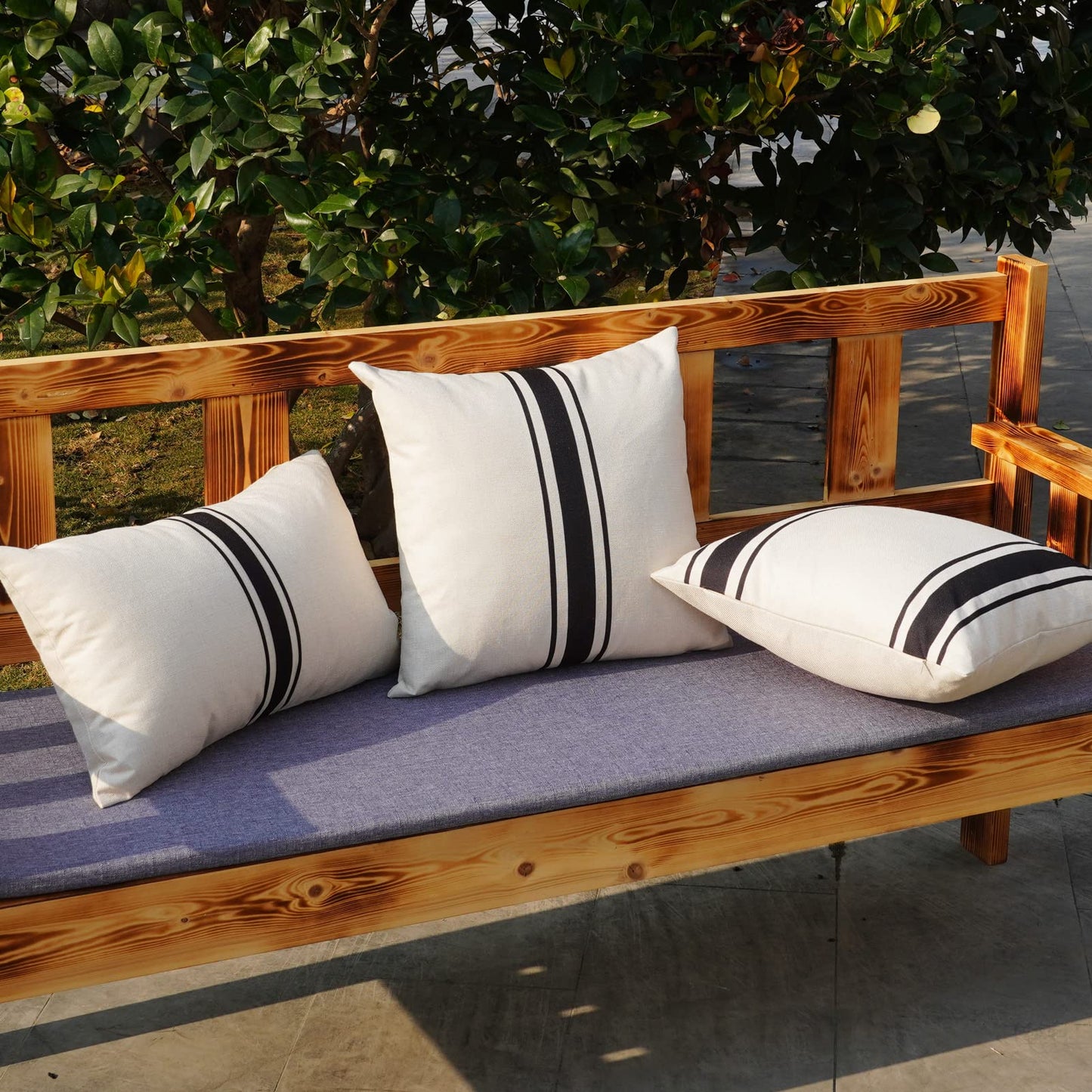 ONWAY Outdoor Pillow Covers Waterproof 18x18 Set of 2 Decorative Linen Throw Pillow Cover Beige and Black Striped Outdoor Pillows for Patio Furniture BST220