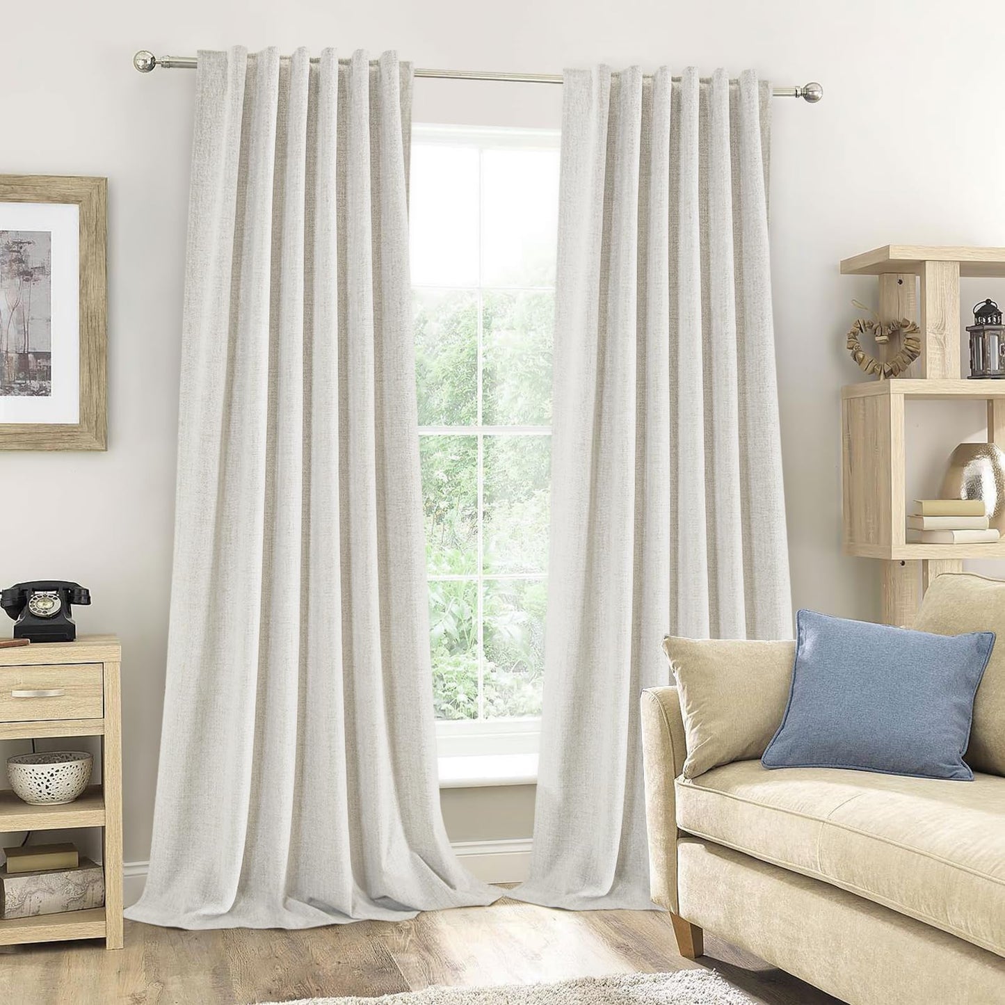 PANGSINNE Short Curtains for Windows Bathroom, 100% Blackout Linen Boho Back Tab Pleated Cafe Curtains for Kitchen Bedroom, 54 Inch Length 2 Panels Set, Dusty Blue BST326H