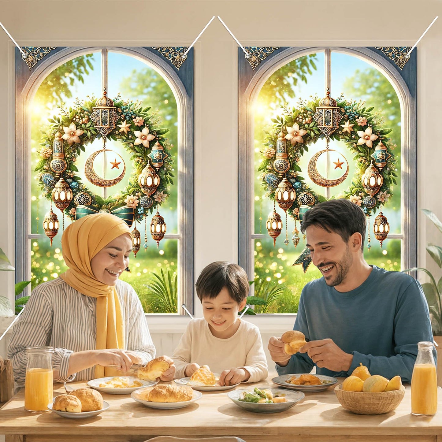HOMETITUTE Eid Ramadan Window Banner Holiday Curtain Backdrop 31x47 Fabric | Mubarak Cover Festival Screen Windows Banner Hanging Living Room Bedroom Home Crescent Moon Star Pattern Design BST326H