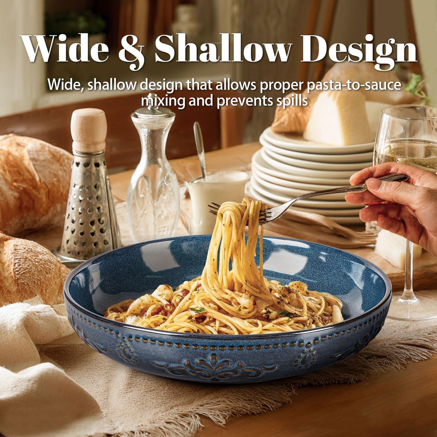 Artena Pasta Bowls, 50oz Large Salad Serving Bowls, 9.75'' Plates Bowls Set of 4, Big White Ceramic Soup Bowls for Kitchen, Embossment Shallow Dinner Bowl, Microwave Dishwasher Safe, Willow Leaf BST326H