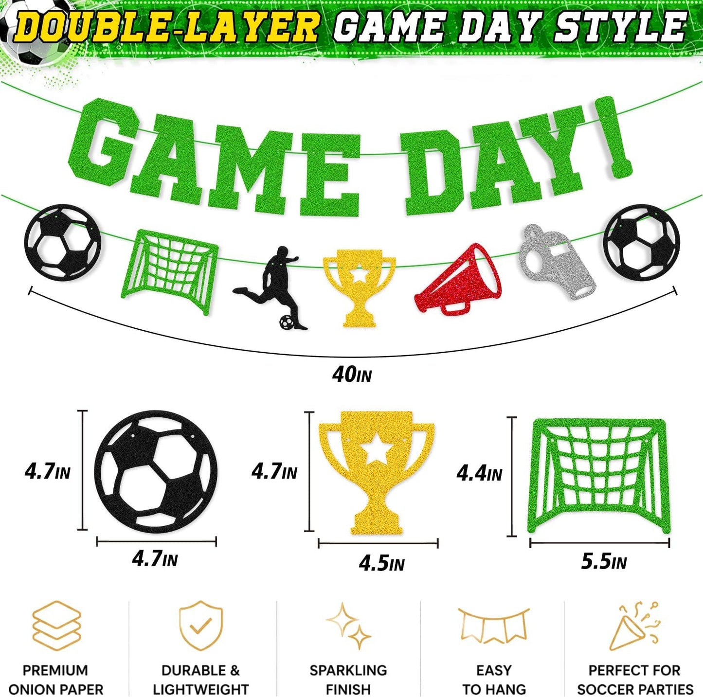 Come on World 2026 Cup Decorations Game Day Banner | World Football Party Decor 2026 International Soccer Competition Backdrop Sports Celebration Green Glitter Decor Pre-Strung BST326L