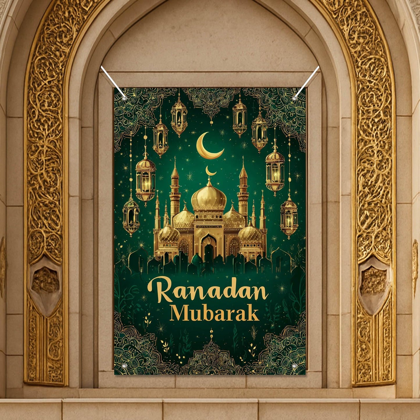 HOMETITUTE Eid Ramadan Window Banner Holiday Curtain Backdrop 31x47 Fabric | Mubarak Cover Festival Screen Windows Banner Hanging Living Room Bedroom Home Crescent Moon Star Pattern Design BST326H