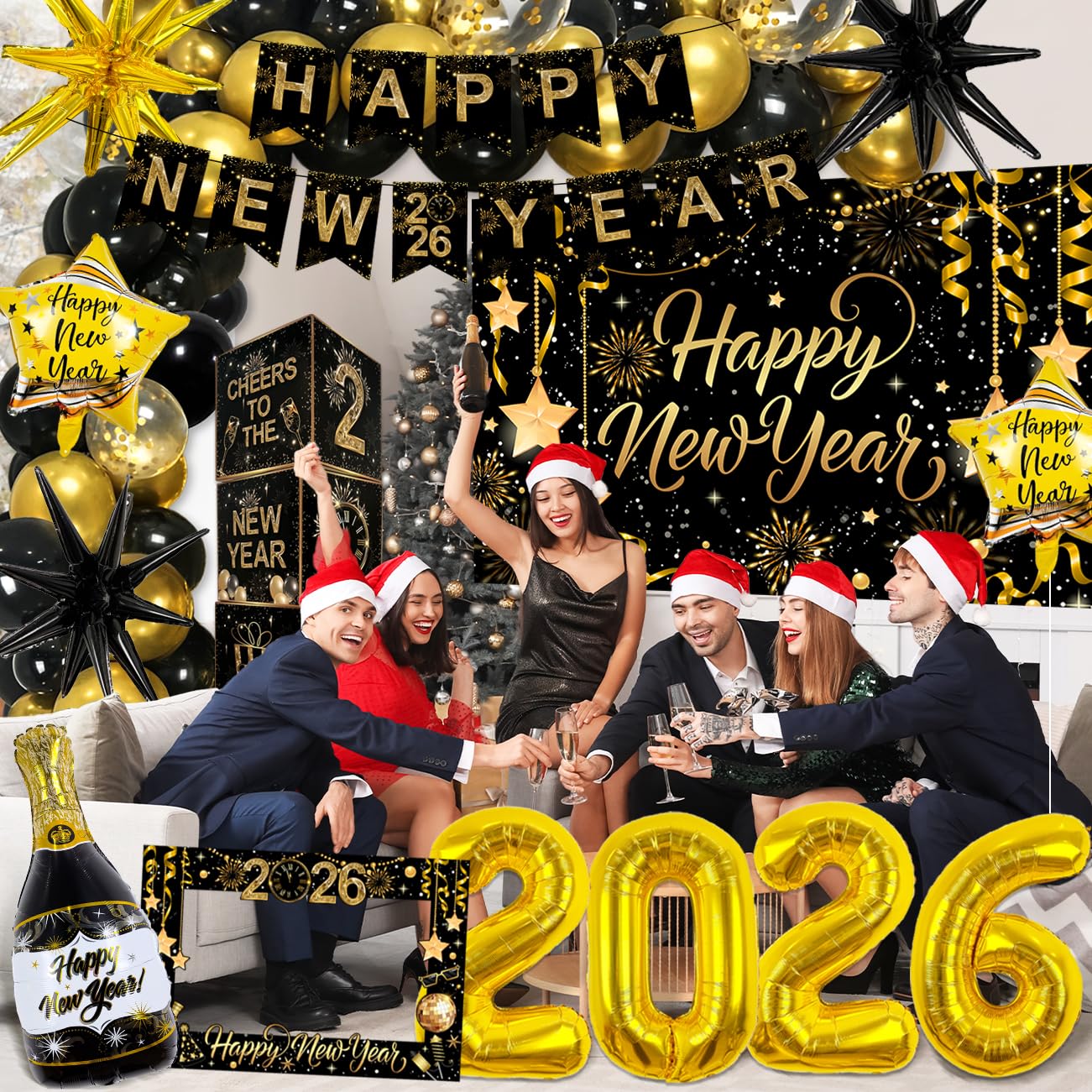 2026 Graduation Decorations Class of 2026 Black and Gold Congrats Grad Balloons,Banner,Backdrop,Photo Booth Props,Cards Boxes Kit for Graduation Party Decorations in Indoor or Outdoor (Graduation) BST326H