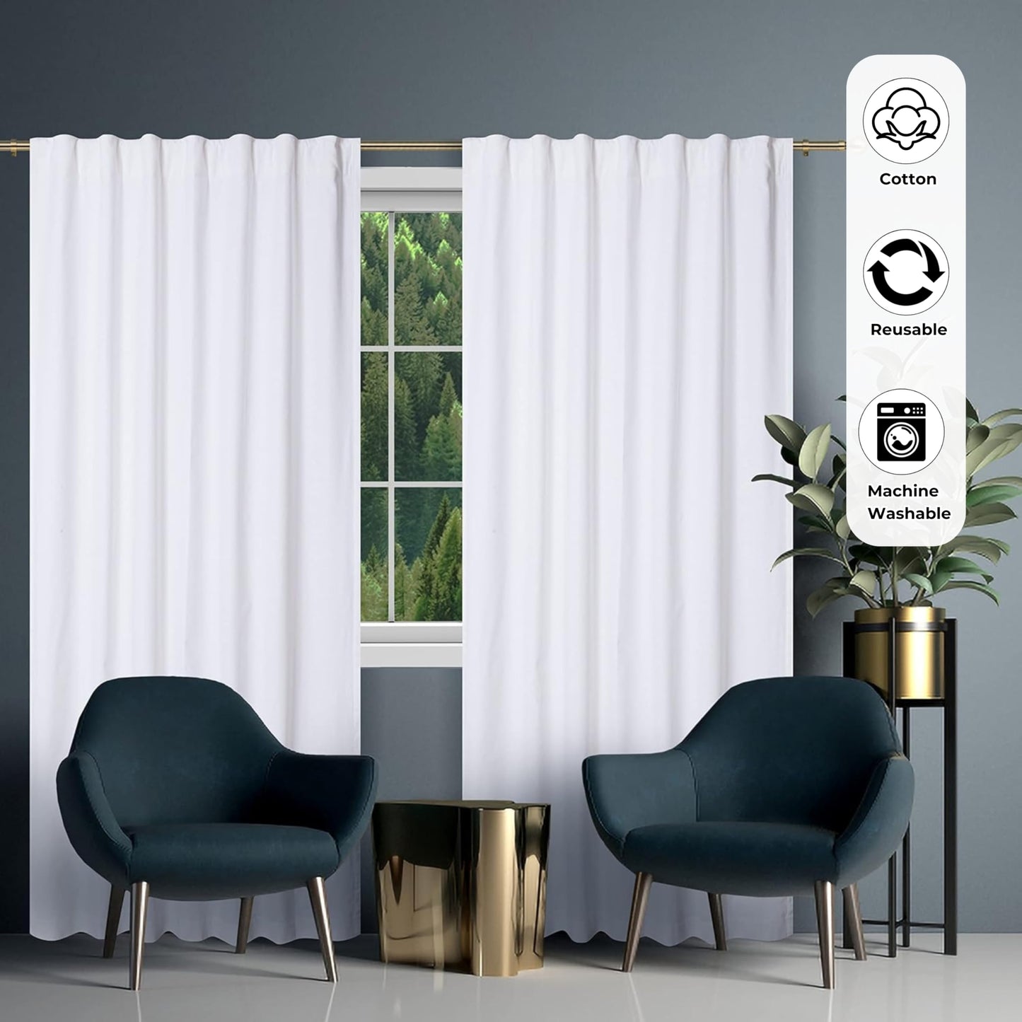 Bedding Craft Curtains 63 Inch Length - White Poly Cotton Slub Drapes with Tab Top, Set of 2, Ideal for Bedroom, Living Room, and Office_ 50x63 inch BST220