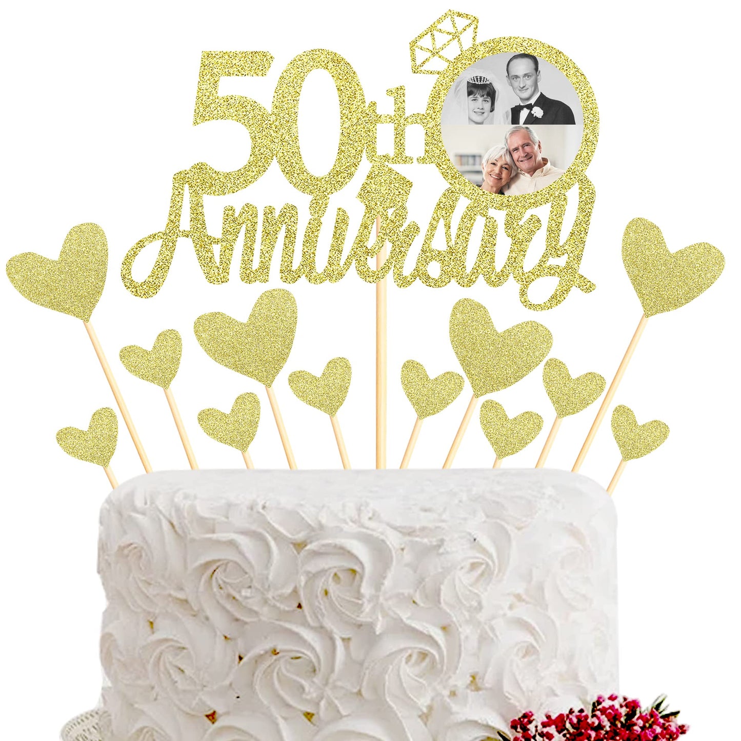 Sumerk 13 PCS Gold Glitter 55th Anniversary Cake Topper Happy 55th Anniversary Wedding Anniversary Cake Decorations BST220