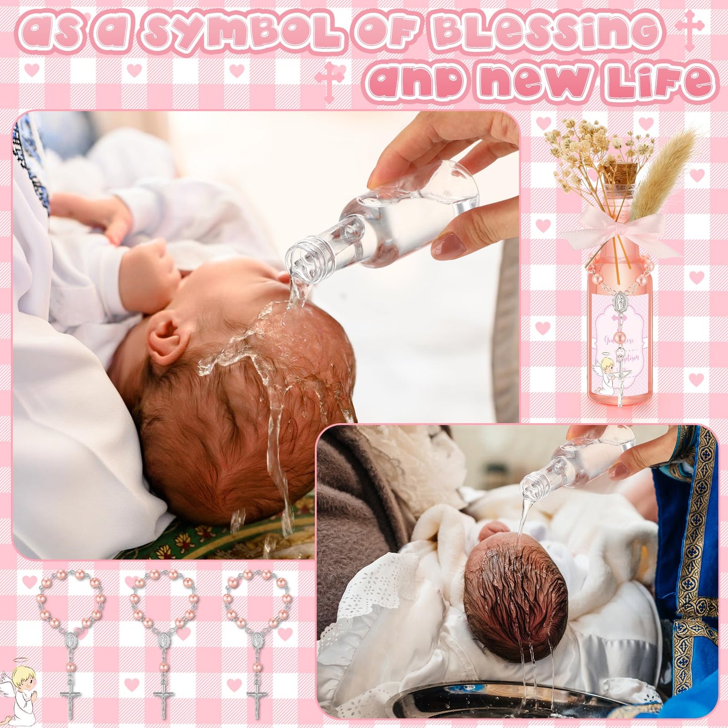 Highergo 50 Set Catholic Holy Water Bottles Cross Rosary Set Baptism Party Favors 50ml Christian Clear Plastic Holy Water Containers Cork Stopper for Church First Communion Wedding Table Newborn(Pink) BST326H