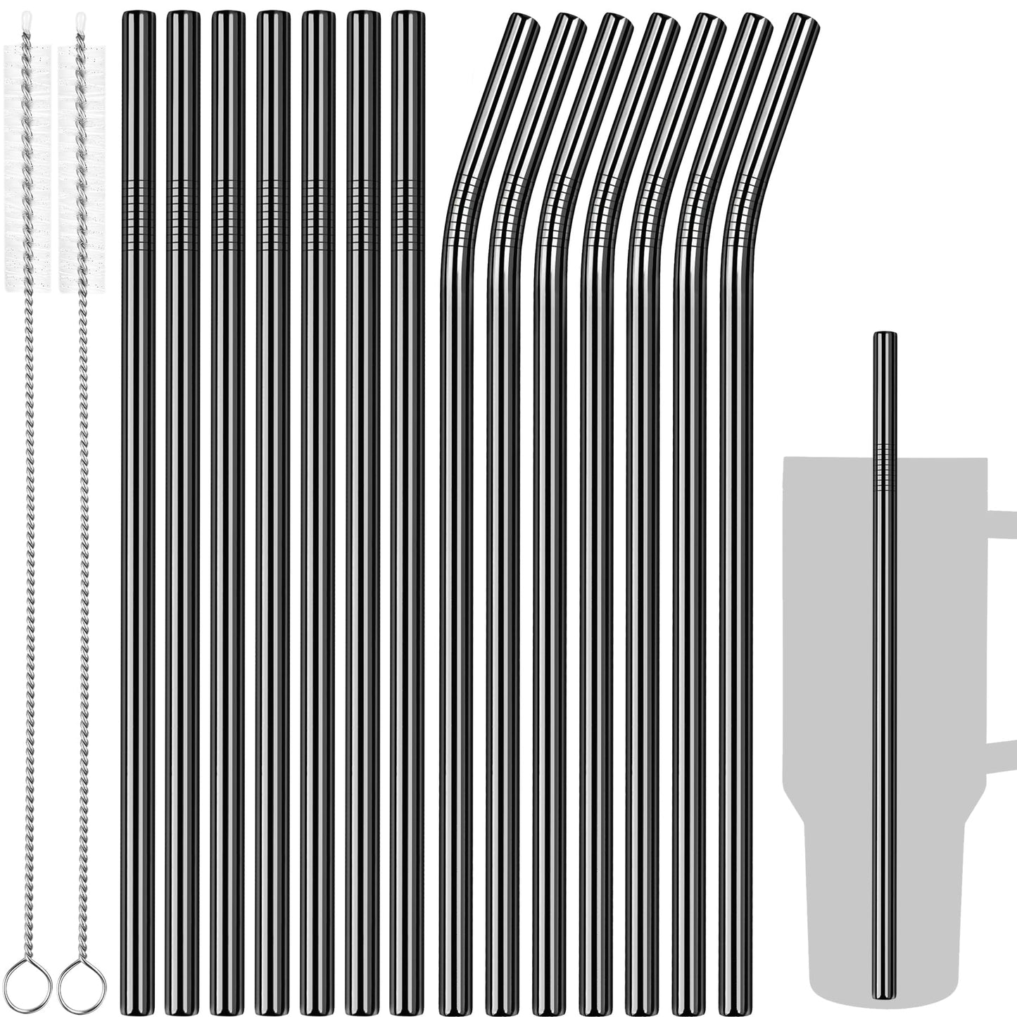 Tomorotec 14PCS Stainless Steel Straws Fit for 30oz Stanley Tumblers | 11" Reusable Drinking Straws with Brush, 7 Bent & 7 Straight for Smoothies, Milkshakes, Coffee, Dishwasher Safe (Metallic) BST326L