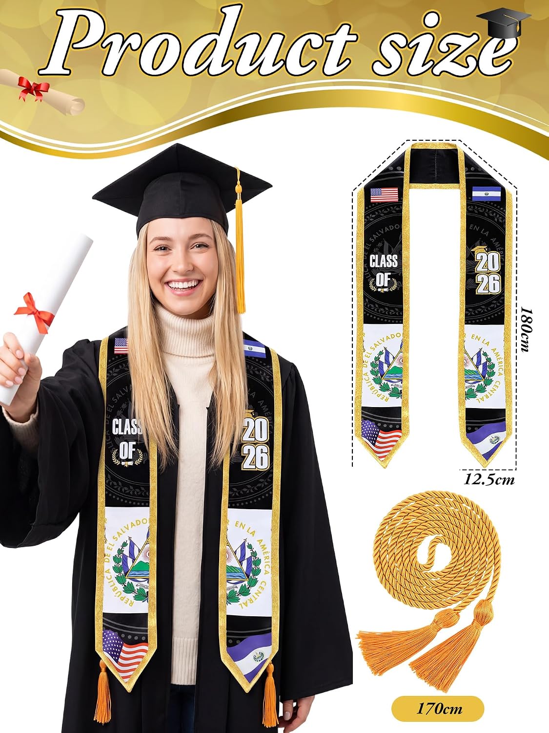 Shihanee 2 Pcs National Flag Graduation Stole with Cap Tassel Class of 2026 Mixed Country 72" USA and El Salvador Flag Graduation Sash Honor WN420