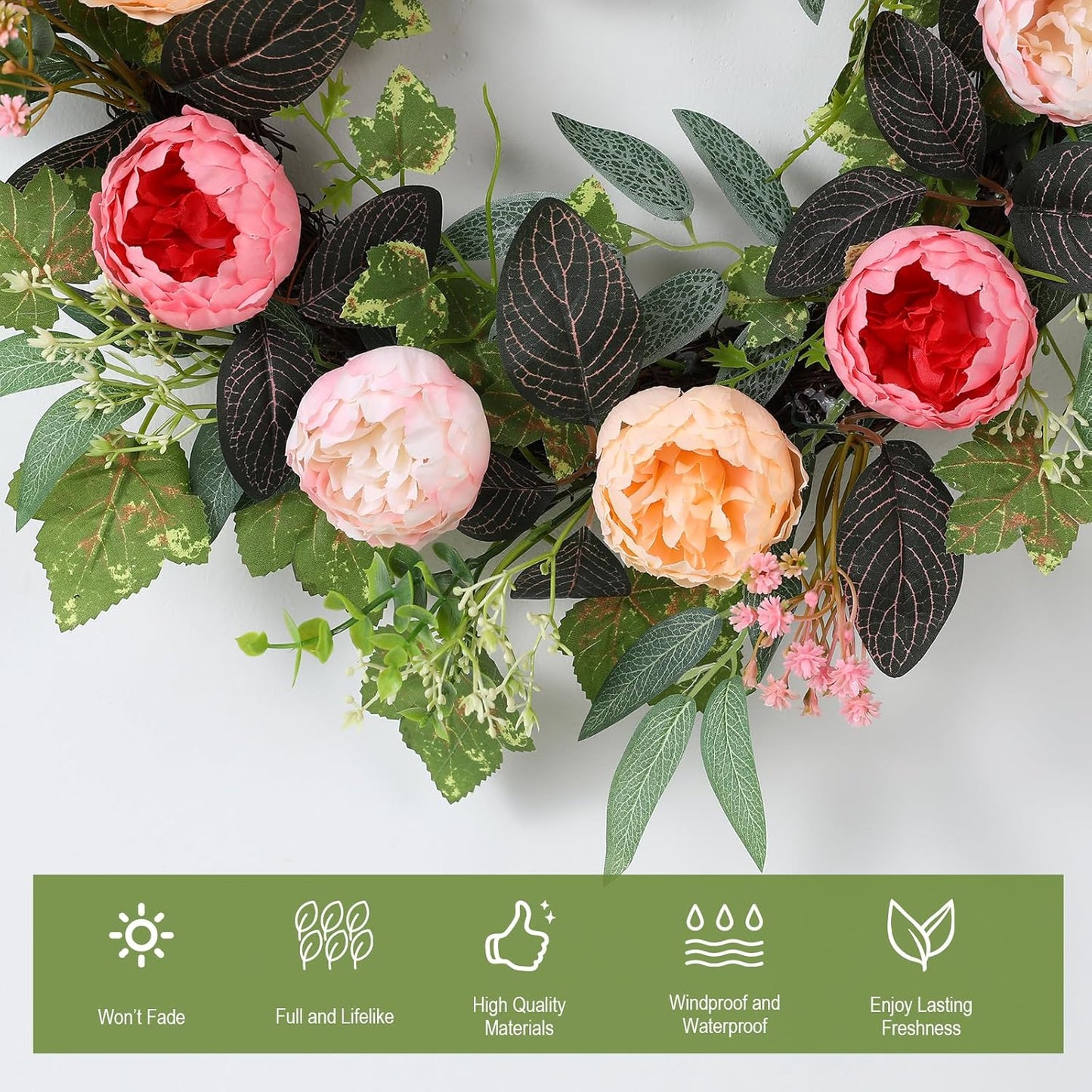 20" Peony Wreath for Front Door – Spring Summer Artificial Pink Peony Floral Wreath for Wall, Window, and Wedding Decor WN420