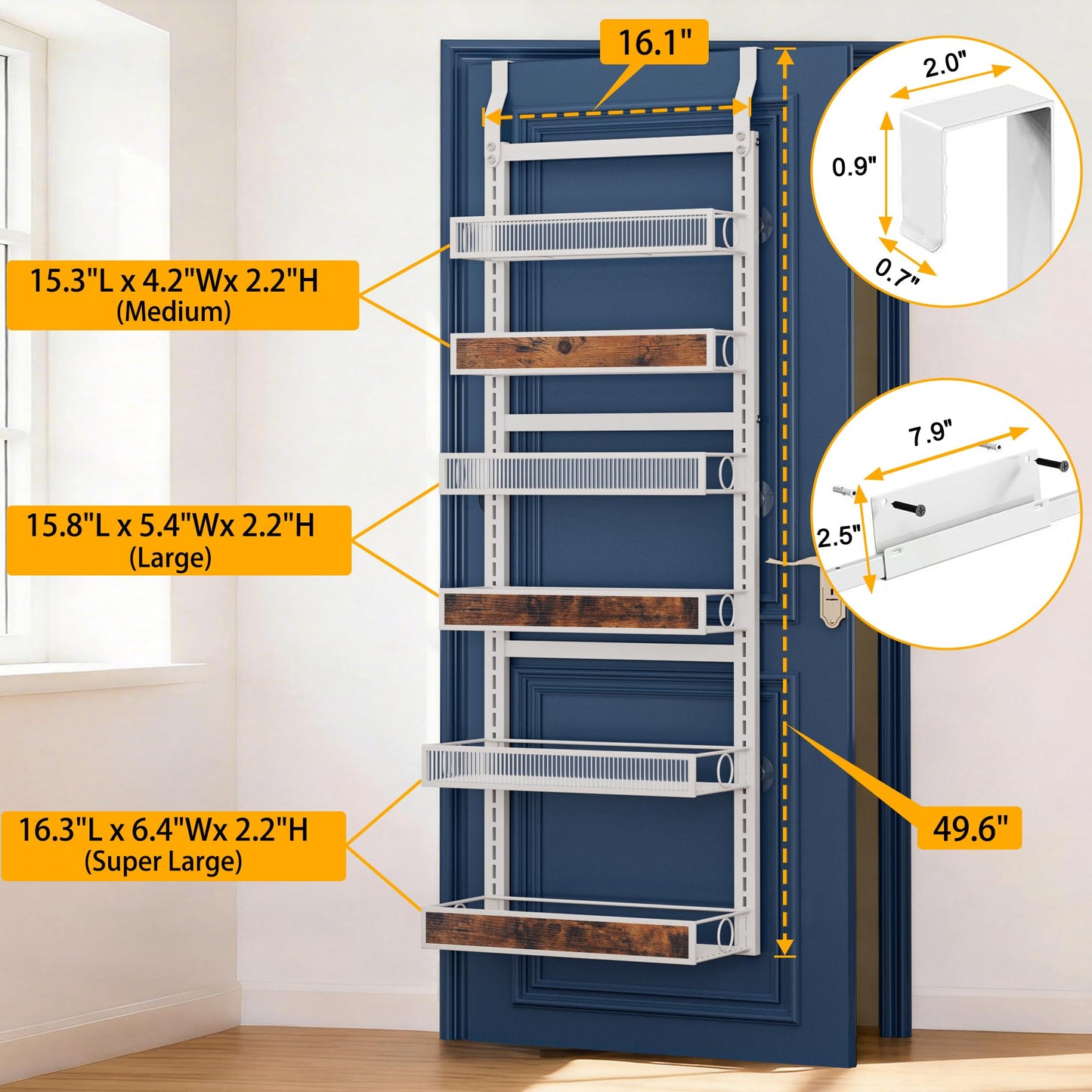 6 Tier Pantry Door Organizer Spice Rack, 2-IN-1 Wall Mount or Hanging Over Door Seasoning Organizer with Adjustable Baskets, Heavy Duty Behind Door Storage Shelves for Pantry, Cabinet and Kitchen BST220