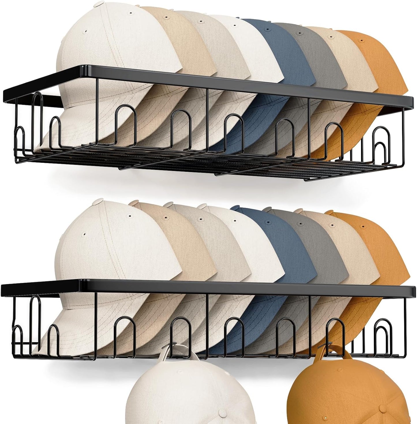 Hat Rack for Wall, 2 Pack Large Hat Organizer with More Hooks, Holds 56 Caps, Metal Wall Mounted Hat Holder for Baseball Caps, Closet Bedroom Kitchen Bathroom, Black WN420