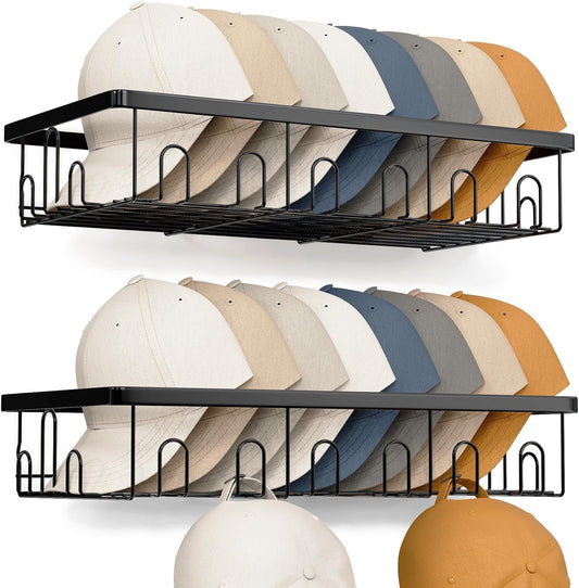 Hat Rack for Wall, 2 Pack Large Hat Organizer with More Hooks, Holds 56 Caps, Metal Wall Mounted Hat Holder for Baseball Caps, Closet Bedroom Kitchen Bathroom, Black WN420