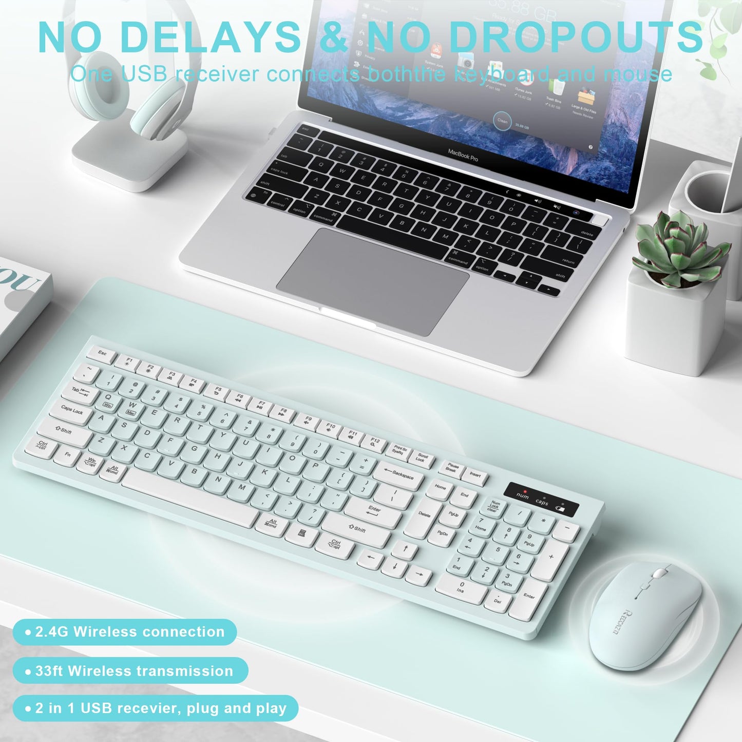 Wireless Keyboard and Mouse Combo, Full-Sized Wireless Keyboard and Adjustable DPI Mouse, 2.4GHz USB Receiver, Silent Keyboard and Mouse for PC, Windows, MAC, Desktop, Laptop (Avocado Green)
