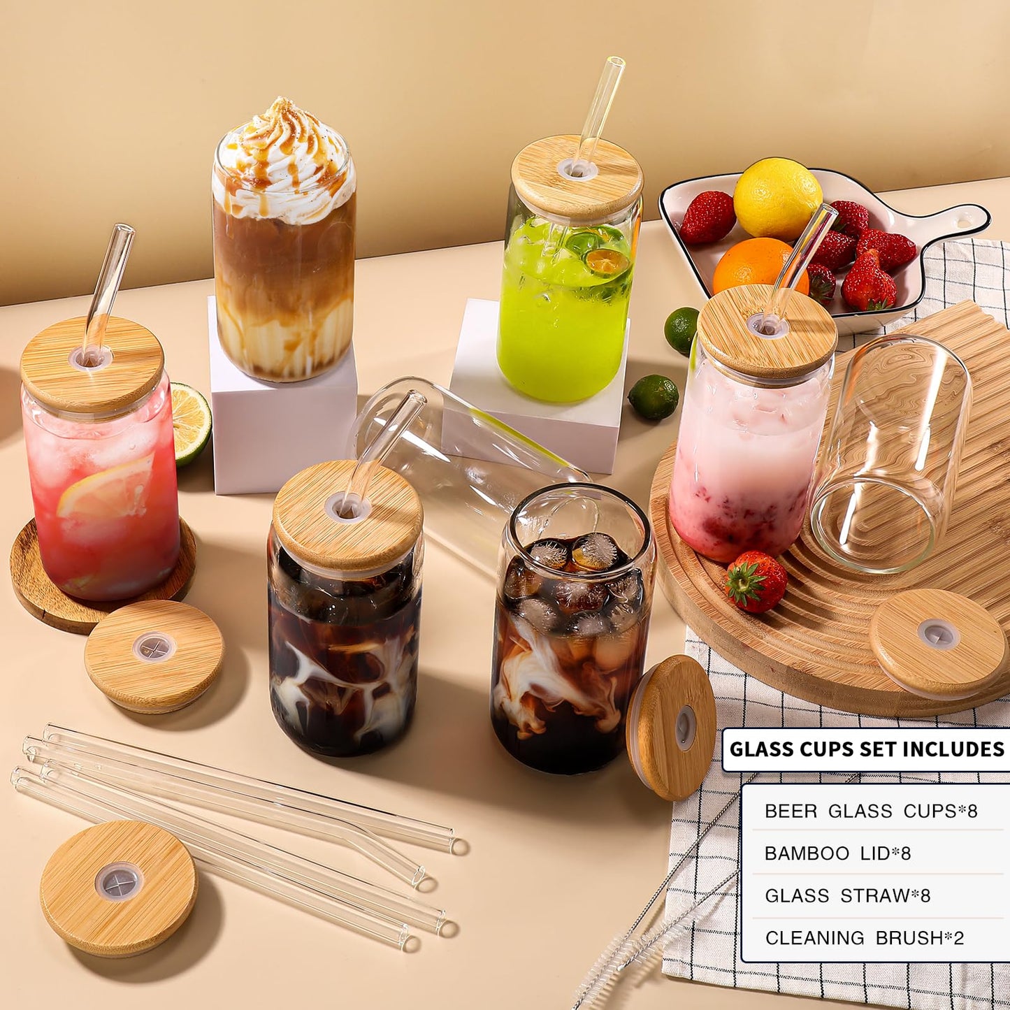 DWTS DANWEITESI Glass Cups “20oz”,Glass Cups with Lids and Straws 4 pcs-Coffee Cups,Drinking Glasses Set,Glass Tumbler with Straw and Lid Gift 2 Cleaning Brushes 600ml BST202
