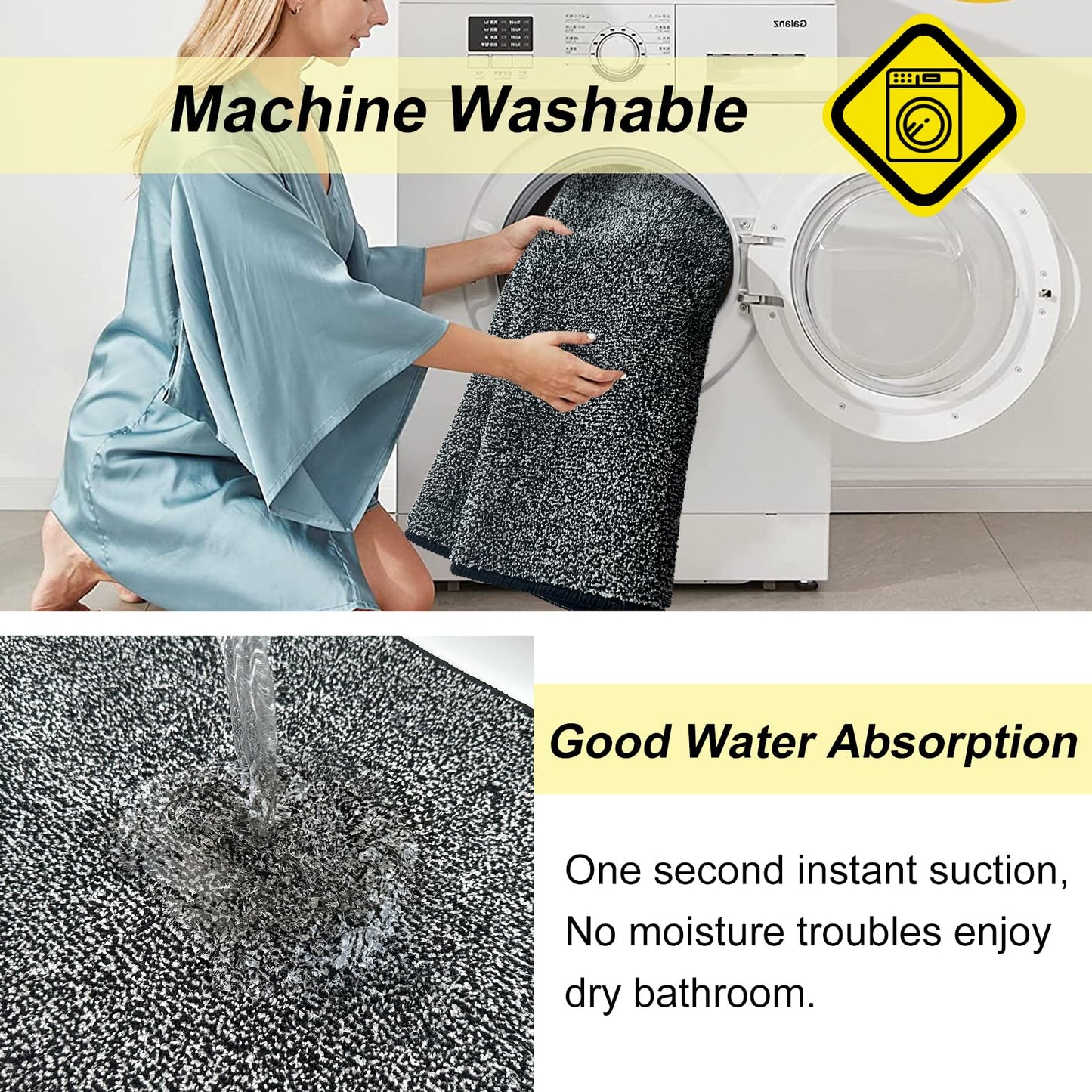HDFK Bathroom Rugs | Non Slip Washable Bath Mats 24x16 Inches 2 Tone Soft Chenille Medium Pile TPR Floor Mat | High Absorbency Quick Dry Grey and White | Shower Rug for Wet Dry Zone BST220