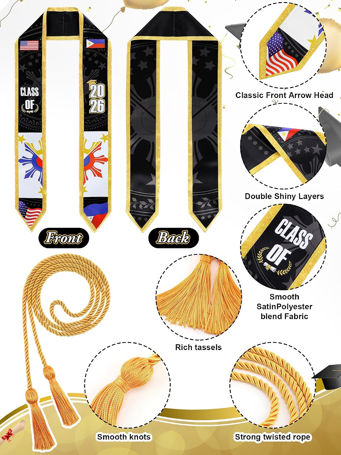 Shihanee 2 Pcs National Flag Graduation Stole with Cap Tassel Class of 2026 Mixed Country 72" Philippines and USA Flag Graduation Sash Honor WN420