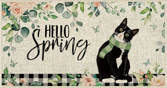 Dlzdn Hello Spring Cat Door Mat Floral Tuxedo Cat Decorative Doormat Seasonal Spring Holiday Non-Slip Rubber Backed Entryway Rugs for Indoor Outdoor Entrance Floor 16 x 30 Inch WN420