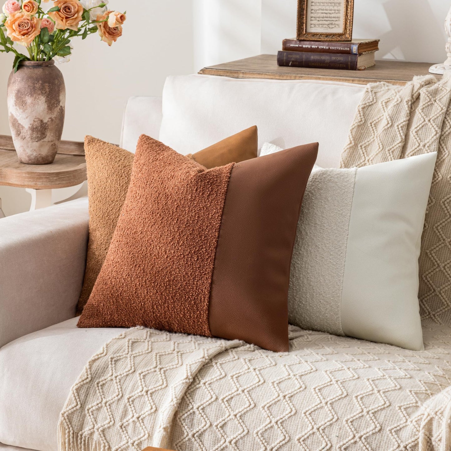 Set of 2 Fluffy Boucle Pillow Covers 18"x18", Oatmeal Textured Throw Pillow Covers with Faux Leather Accents, Boho Decorative Pillow Cases for Couch, Bed, or Farmhouse Home Decor BST220