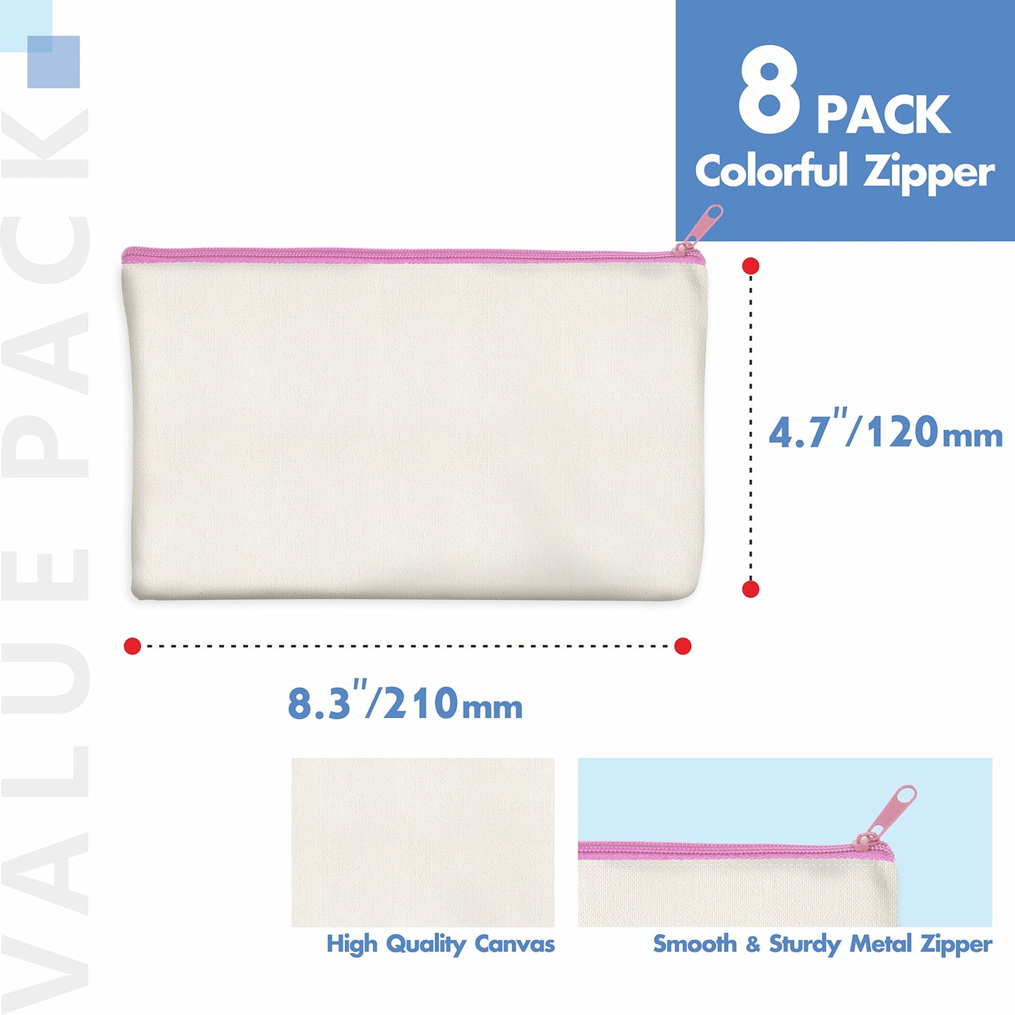 8 Pack Canvas Colorful Zipper Bags, DIY Craft Bags Travel Canvas Makeup Pouches for Cosmetic Toiletry Stationery Storage (Beige, 8.3” x 4.7”) BST220