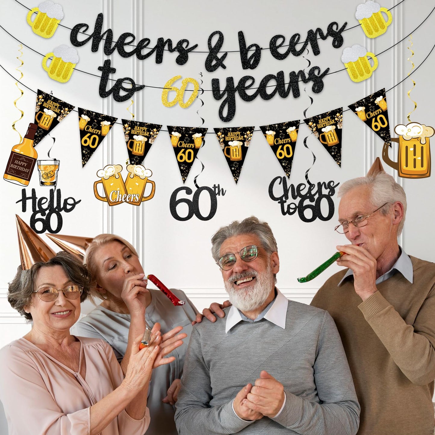 Black Gold 90th Birthday Decorations for Men Women, Glitter Pre-Strung Cheers to 90 Years Banner Hello 90 Hanging Swirls Paper Triangle Flag Banner Decorations Bday Party Supplies Kit WN420