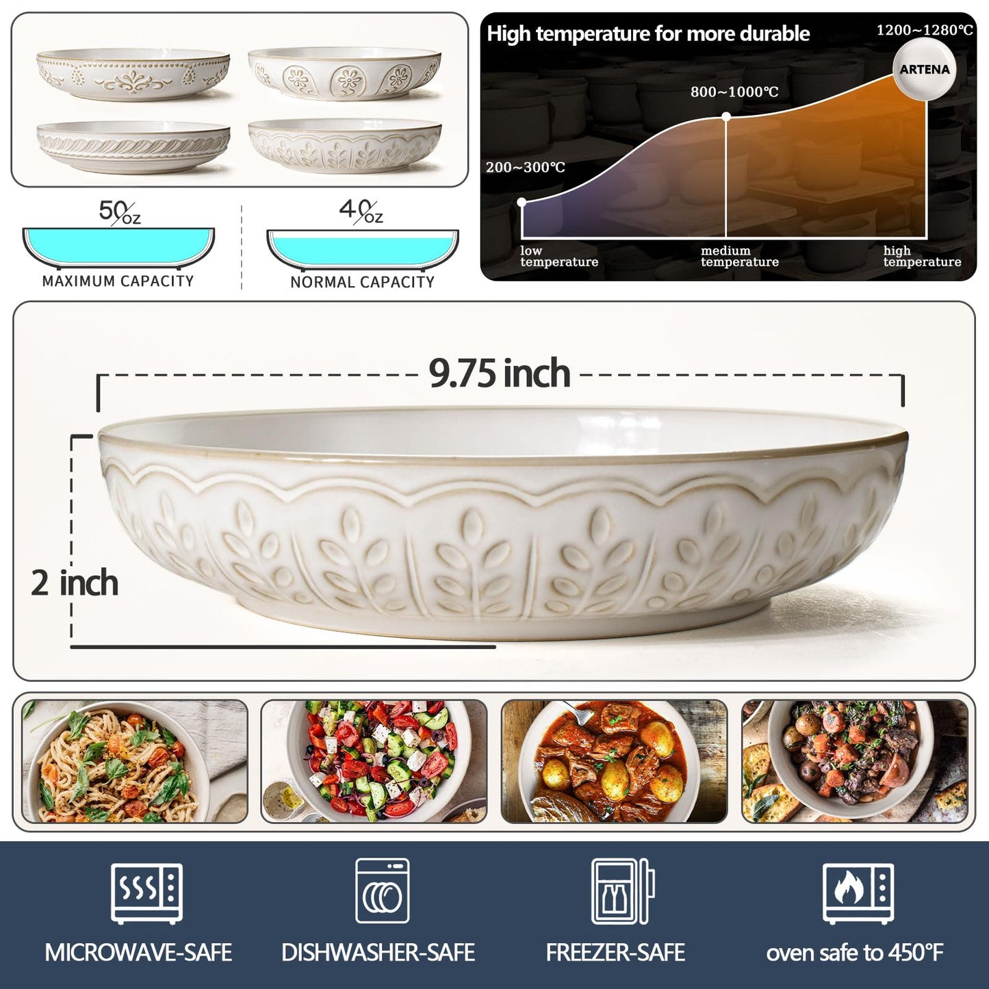 Artena Pasta Bowls, 50oz Large Salad Serving Bowls, 9.75'' Plates Bowls Set of 4, Big White Ceramic Soup Bowls for Kitchen, Embossment Shallow Dinner Bowl, Microwave Dishwasher Safe, Willow Leaf BST326H