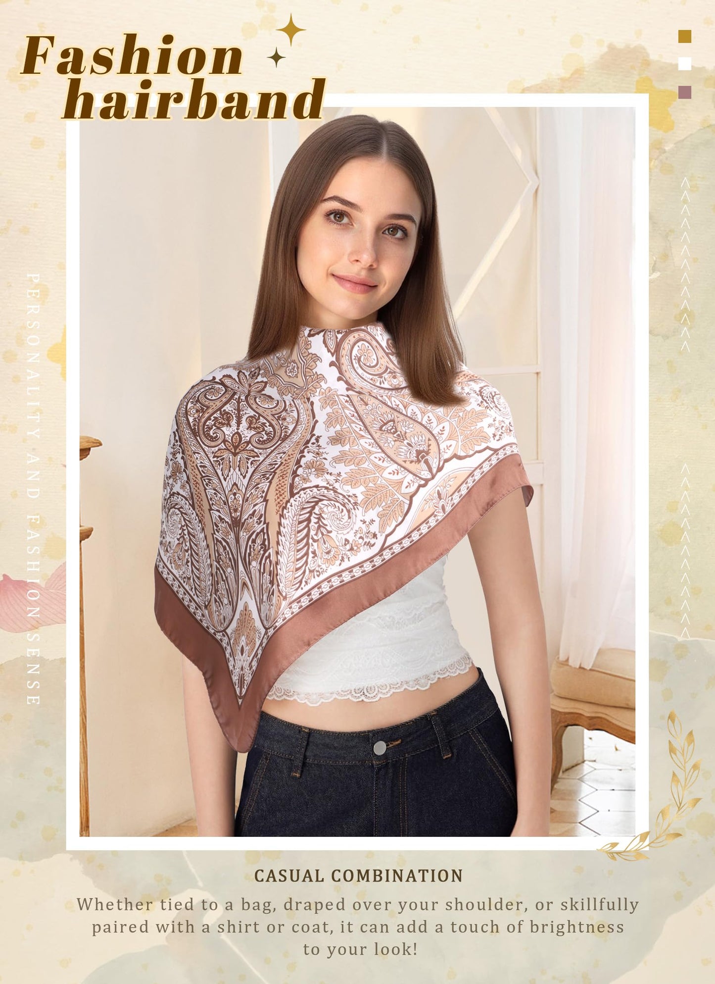 CHLINS 27.5” Square Head Scarf for Women Satin Hair Scarf Silk Wrap Neck Scarves Bandanas for Handbags Accessories WN420