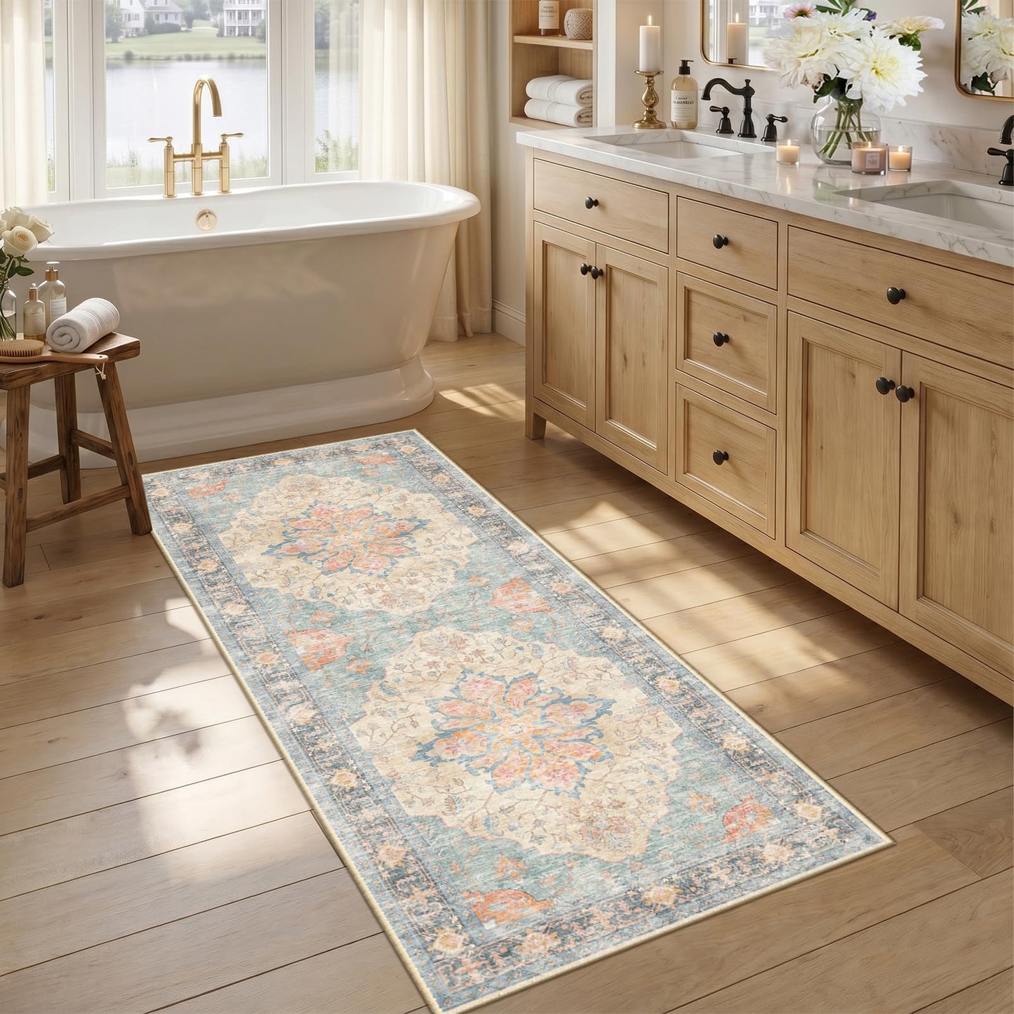 RELEANY Area Rugs Runner 2'x6' Washable Non-Slip, Floral Vintage Distress Medallion Carpet for Kitchen Hallway Bedroom Beside Laundry Room Bathroom, Teal Green Lake Blue Turquoise DD1210