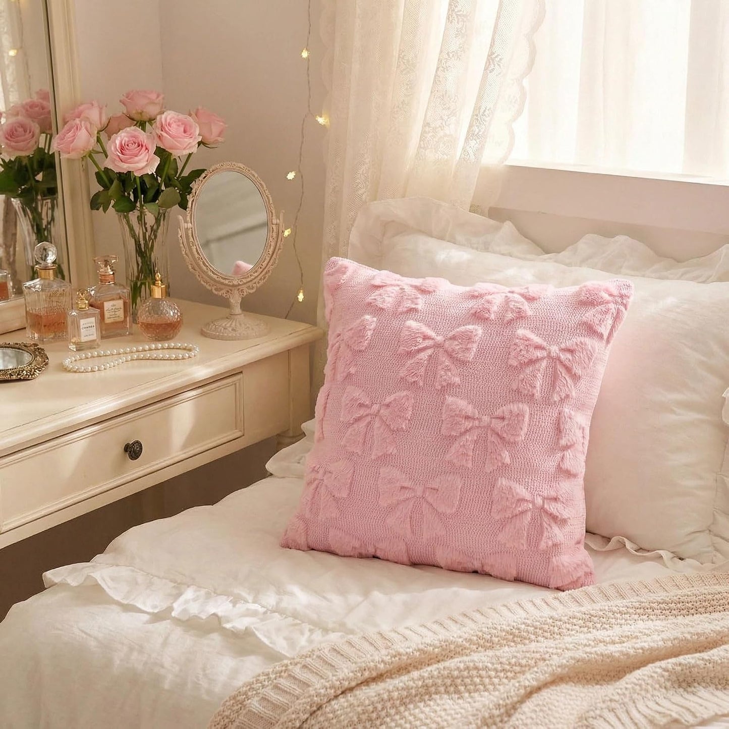 Pink Bow Pillow Covers 18x18 Inch Set of 3 Cute Bowknot Throw Pillow Cover Soft Plush Cushion Covers Aesthetic Pillowcase for Coquette Room Decor BST326H