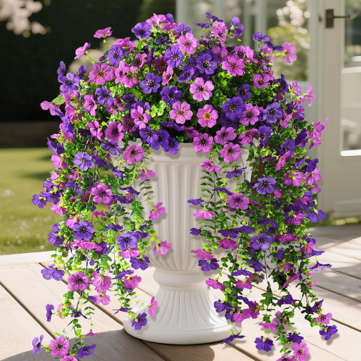Artificial Hanging Flowers for Outdoor, 2PCS Fake Flowers Faux Silk Daisy with Eucalyptus Leaves, UV Resistant Aritificial Flowers for Spring Home Patio Yard Porch Decor (Light Purple Red) BST202