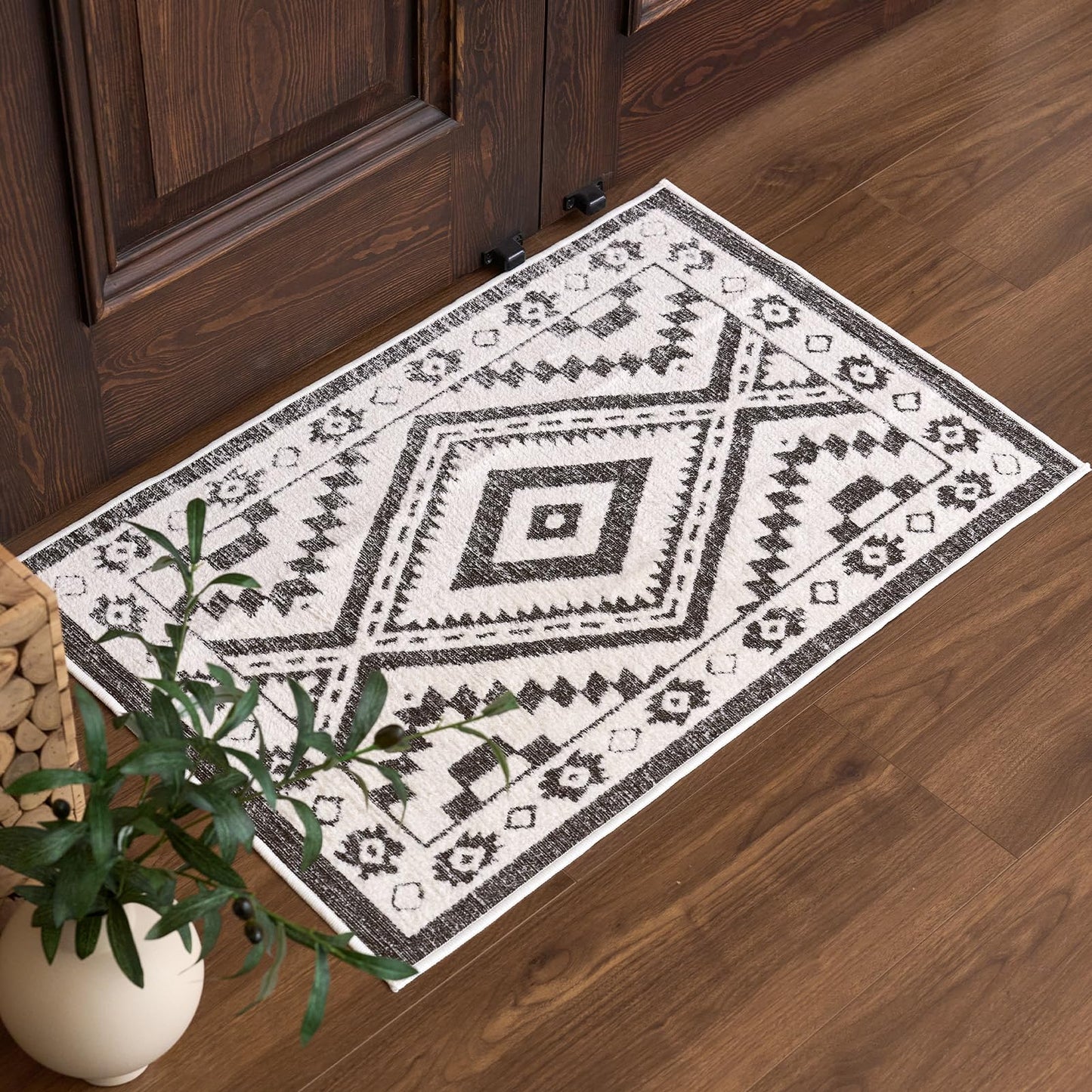 Moroccan Washable Area Rug 3x5, Geometric Tribal Decorative Woven Rug, Non-Slip Boho Farmhouse Soft Low-Pile Area Rug for Living Room Bedroom Nursery Dining Table, Dark Brown/White BST326H