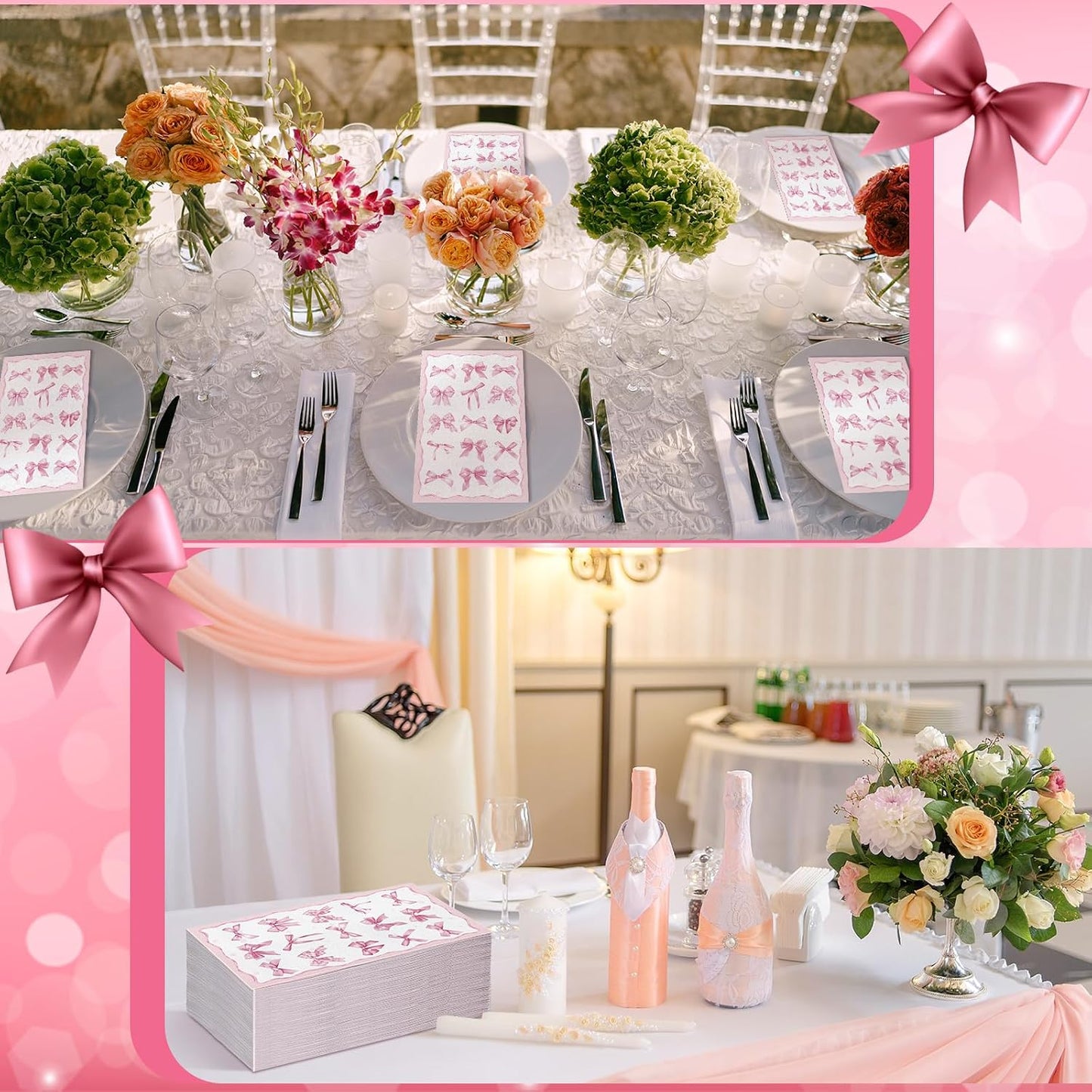 200 Pcs Pink Bow Napkins 3 Ply Coquette Bow Disposable Napkins Valentine's Day Paper Hand Towels Party Gifts Bulk for Bridal Shower Bachelorette Tea Party Birthday Decor(Classic Style) BST202
