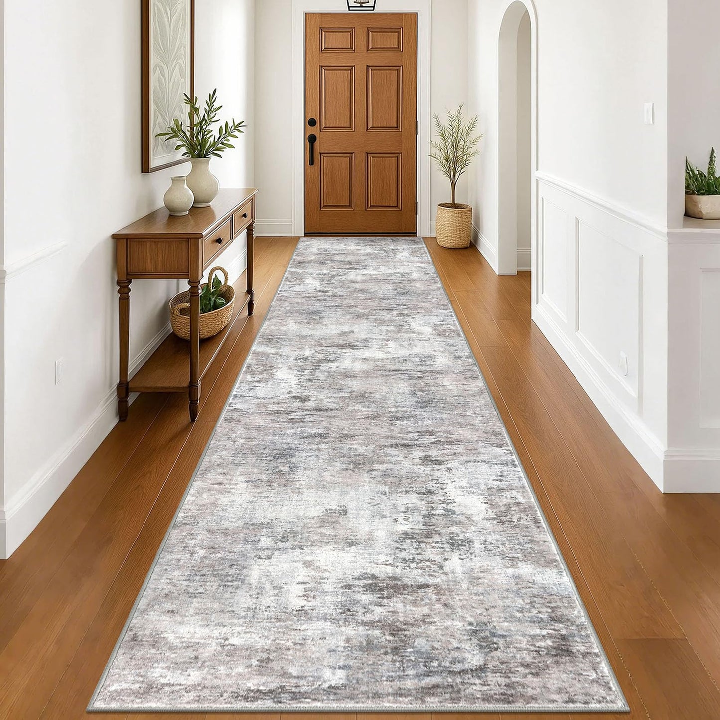 Lansny Modern Abstract Runner - 2x5, Beige Grey Washable Kitchen Entryway Rug Mat Non-Slip Soft Neutral Hallway Rug Thin Print Faux Wool Carpet for Bedroom Laundry Room Indoor BST220