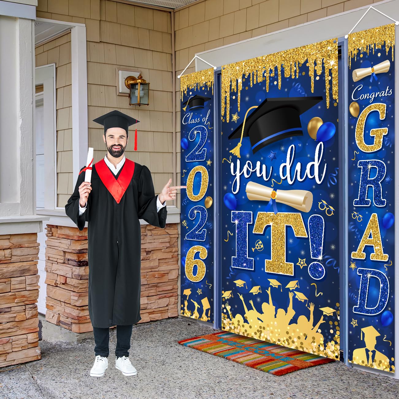 Graduation Decorations Class of 2026 Purple and Gold Congrats Grad Banner and You Did It Door Cover for High School College Graduation Party Supplies(Purple) BST326H