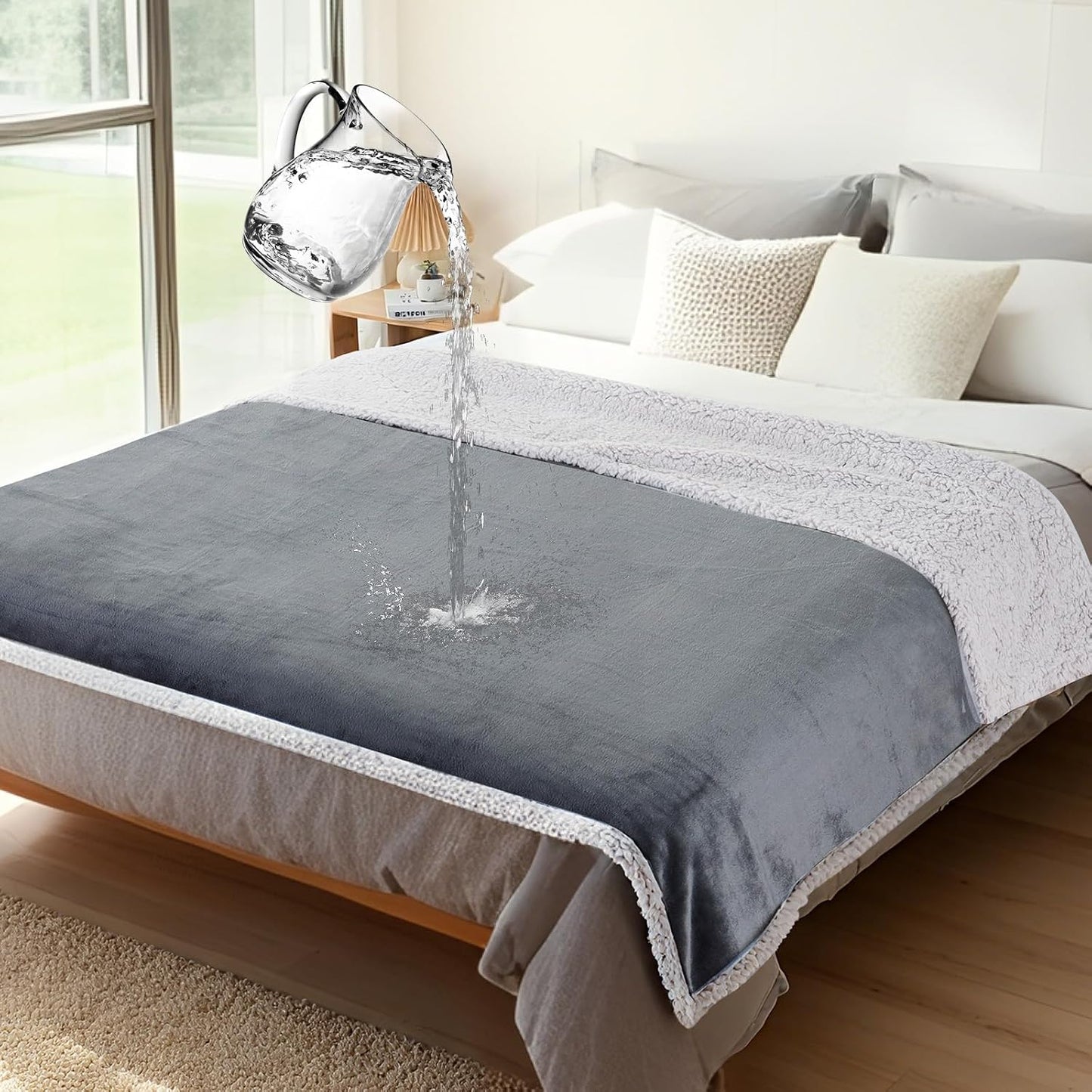 Makigued Waterproof Dog Blanket for Couch & Bed, Reversible Sherpa Fleece Pet Throw with Quiet TPU Barrier, Machine Washable Furniture Protector for Large Dogs & Cats, Twin Size 60x80 Inch, Gray WN420