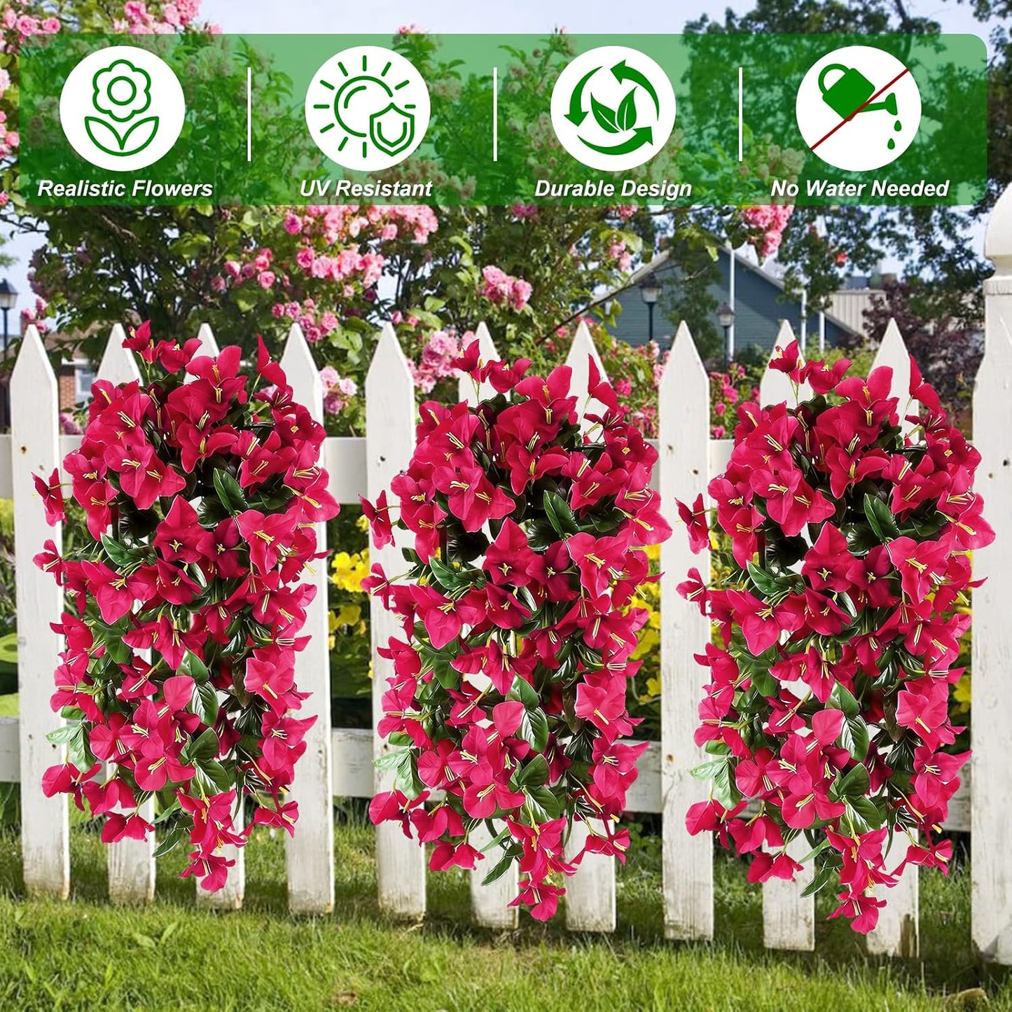 2 Pack Artificial Bougainvillea Flowers for Outdoors Decorations, Fake Hanging Plants, Faux Outside Flowers UV Resistant for Baskets Home Front Door Porch Patio Balcony Yard(Hot Pink) BST202