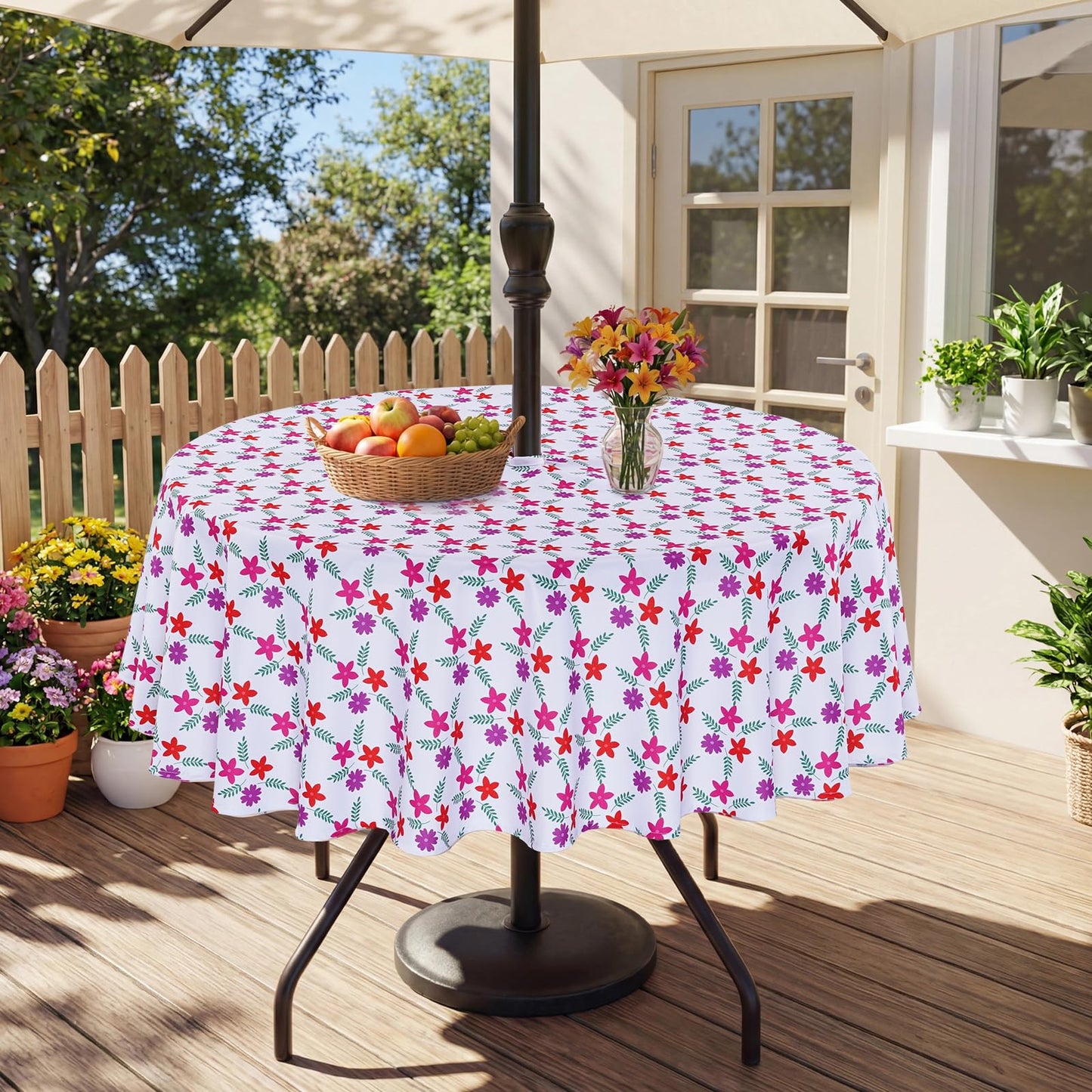 Eternal Beauty 52” Round Tablecloth Waterproof Outdoor Tablecloth with Umbrella Hole Zipper for Spring Summer Patio Picnic Tables (Tropical Palm Leaf) BST326H