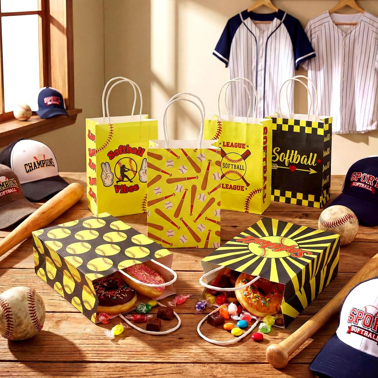 MotiMind 24 Pcs Softball Party Favor Bags Black Yellow Softball Themed Goodie Gift Wrapping Paper Bags with Handles Portable Sports Ball Candy Treat Pouch for Birthday Party Decorations Supplies BST326H