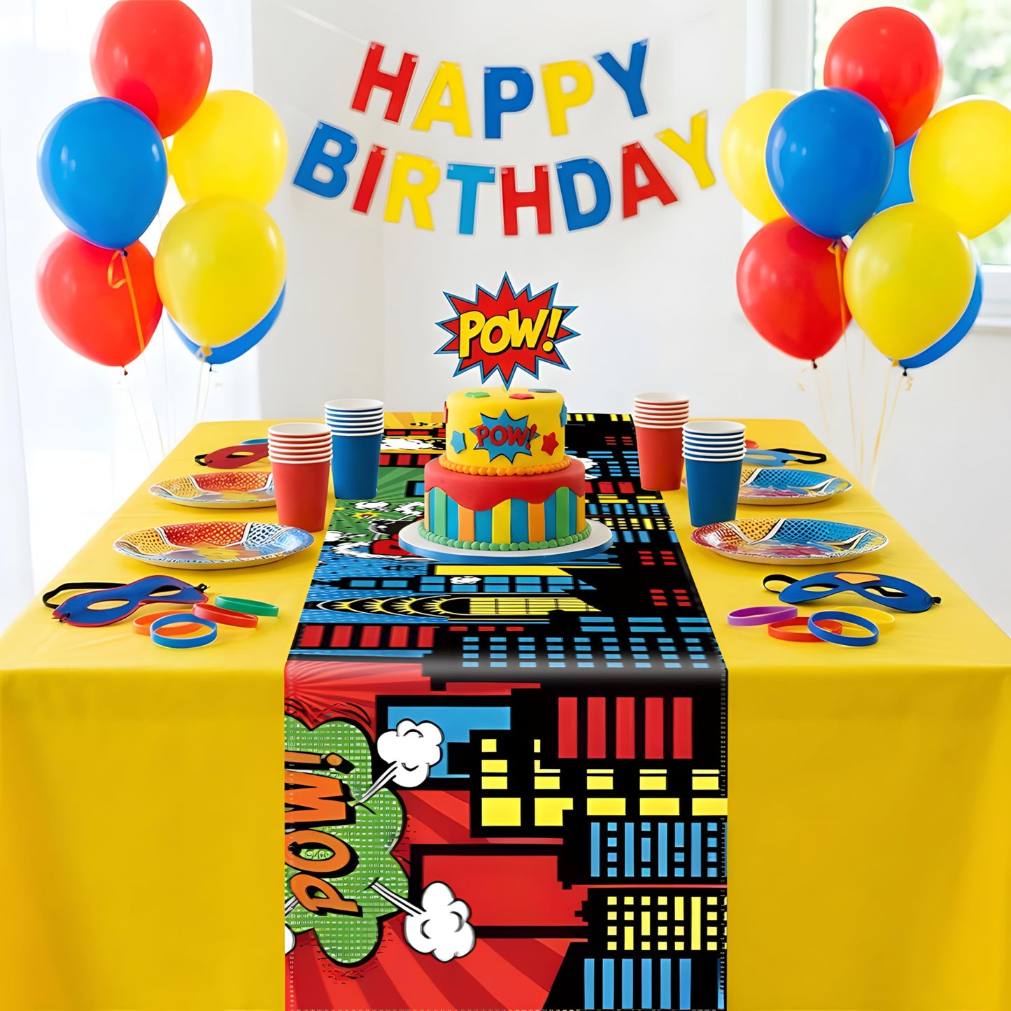 JCJT Extra Long Superhero Party Table Runner 90 Inches (Approx), Comic Book Theme Decorations, Pop Art Retro Style for Candy Buffet Table, Boys Birthday Event Supplies, 14 x 90 Inch BST220