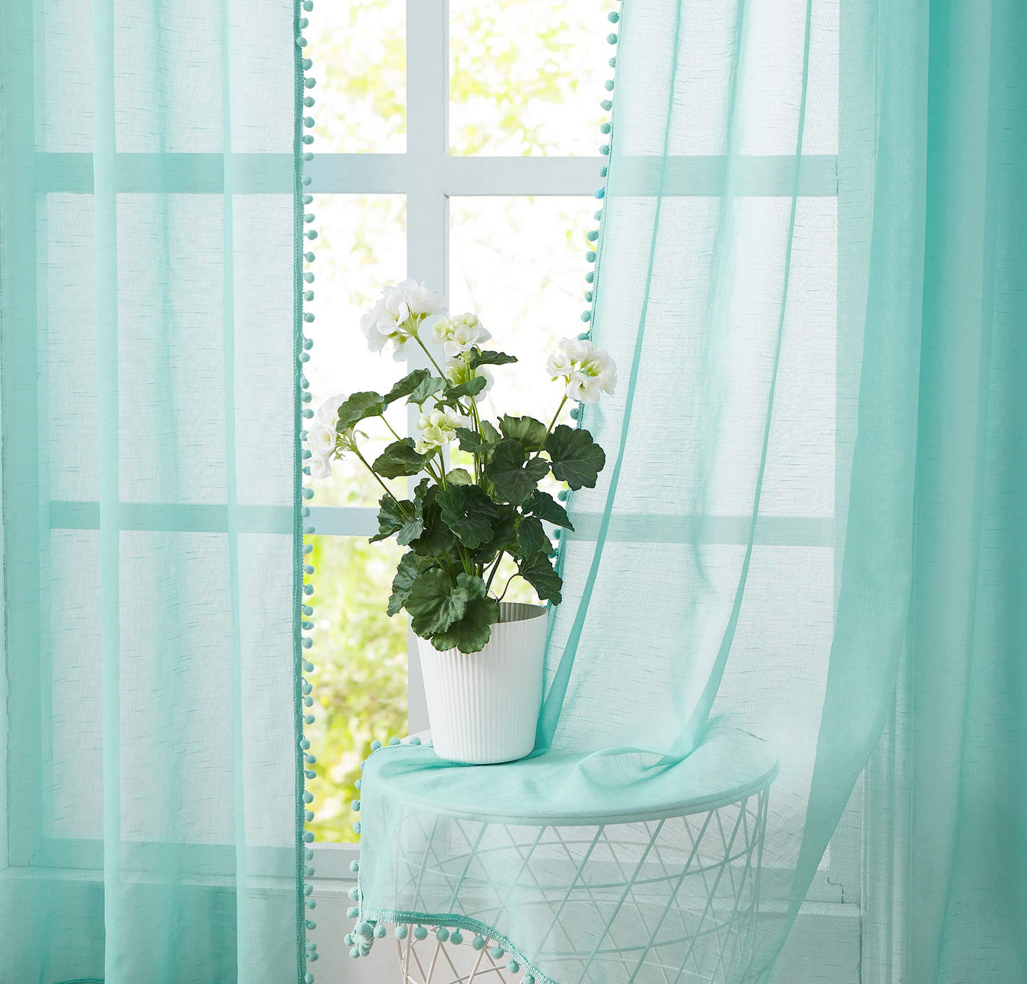 Treatmentex Pom-Pom Grey Sheer Curtains for Bedroom 63" Window Drapes Rod Pocket Textured Sheer Curtain for Kids Room 52" w 2 Panels BST202