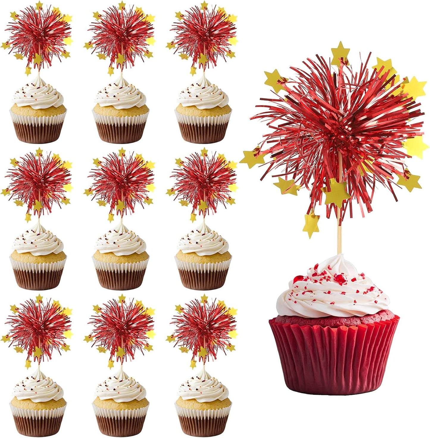 PATIKIL Firework Cupcake Toppers, 50 Pcs Sparkle Tinsel Snow Cupcake Picks Birthday Party Graduation Wedding Foil Decor Cocktail Food Fruit Toothpicks Christmas, Red BST326H