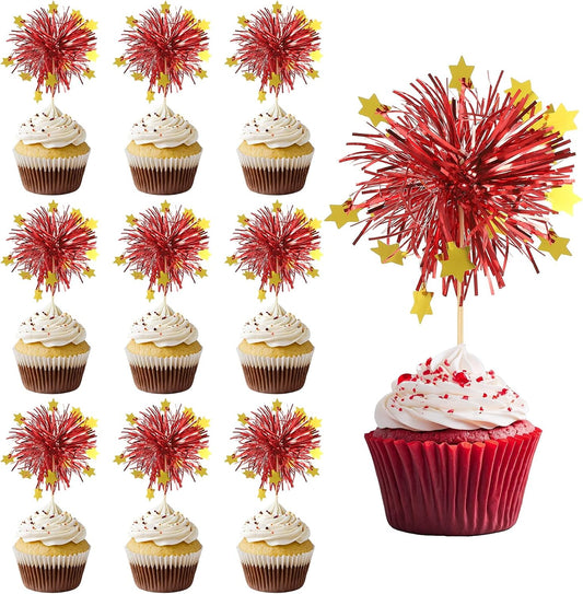 PATIKIL Firework Cupcake Toppers, 50 Pcs Sparkle Tinsel Snow Cupcake Picks Birthday Party Graduation Wedding Foil Decor Cocktail Food Fruit Toothpicks Christmas, Red BST326H