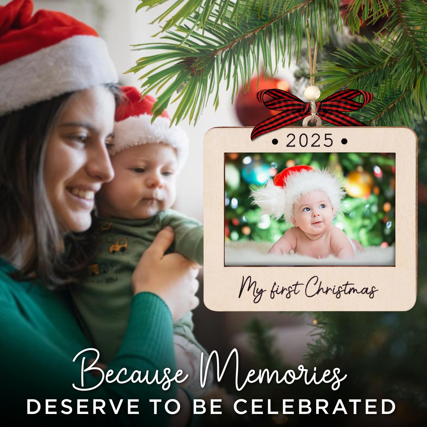 Hangwoous Baby's First Christmas Photo Frame Ornament 2025 | Wooden portrait frame keepsake, first Christmas photo gift for baby BST202