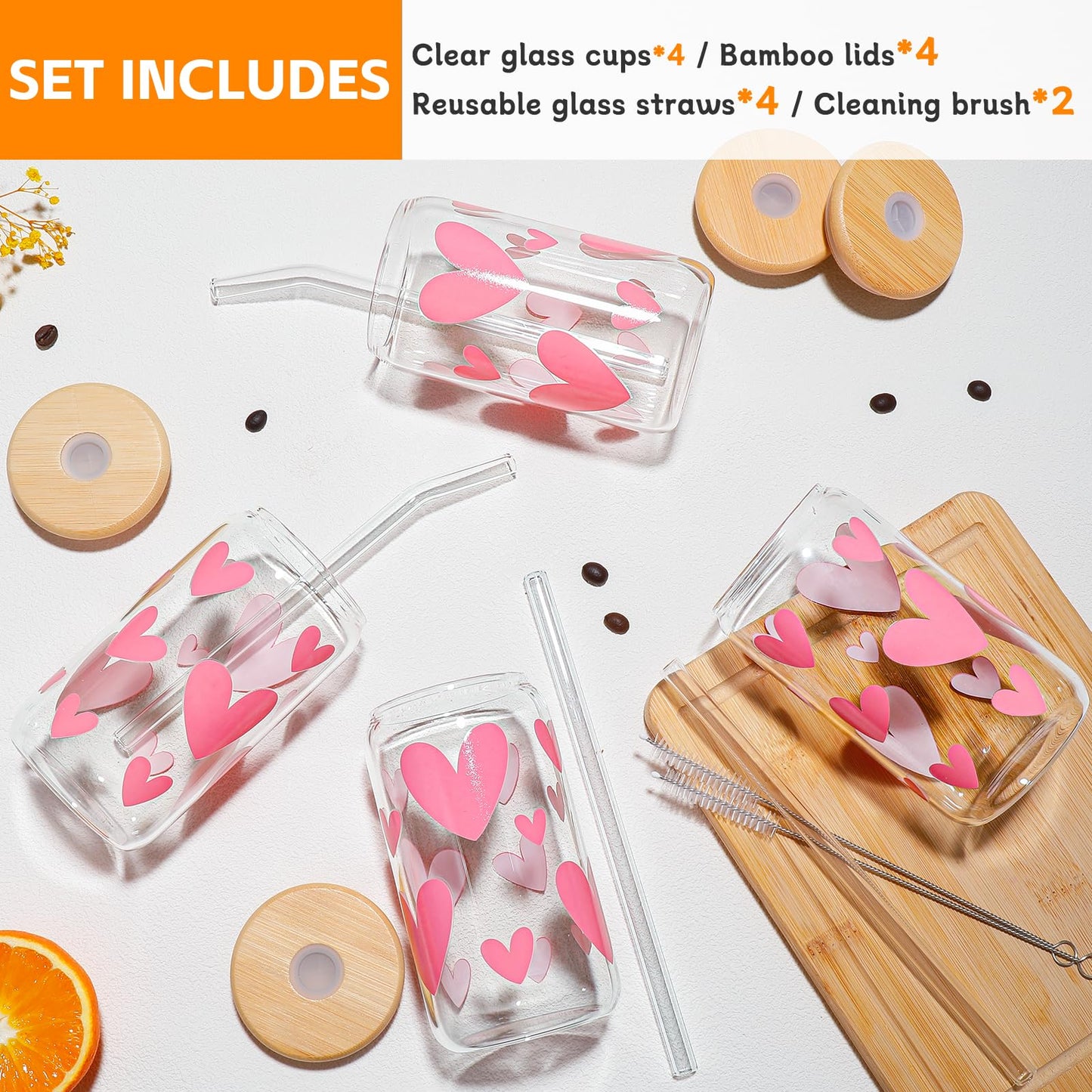 DWTS DANWEITESI Glass Cups “20oz”,Glass Cups with Lids and Straws 4 pcs-Coffee Cups,Drinking Glasses Set,Glass Tumbler with Straw and Lid Gift 2 Cleaning Brushes 600ml BST202