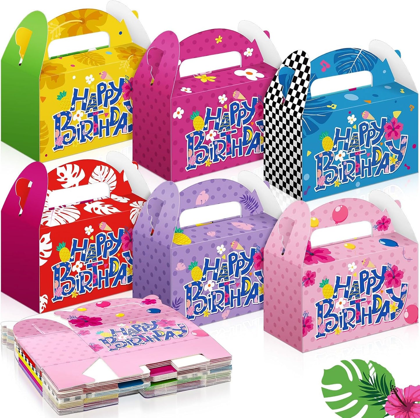 Wonderjune 24 Pack Hawaiian Tropical Treat Boxes 6 Cartoon Luau Styles Happy Birthday Party Favor Boxes with Handles Summer Birthday Beach Hawaii Themed Candy Gift Wrapping Giveaways Supplies BST202