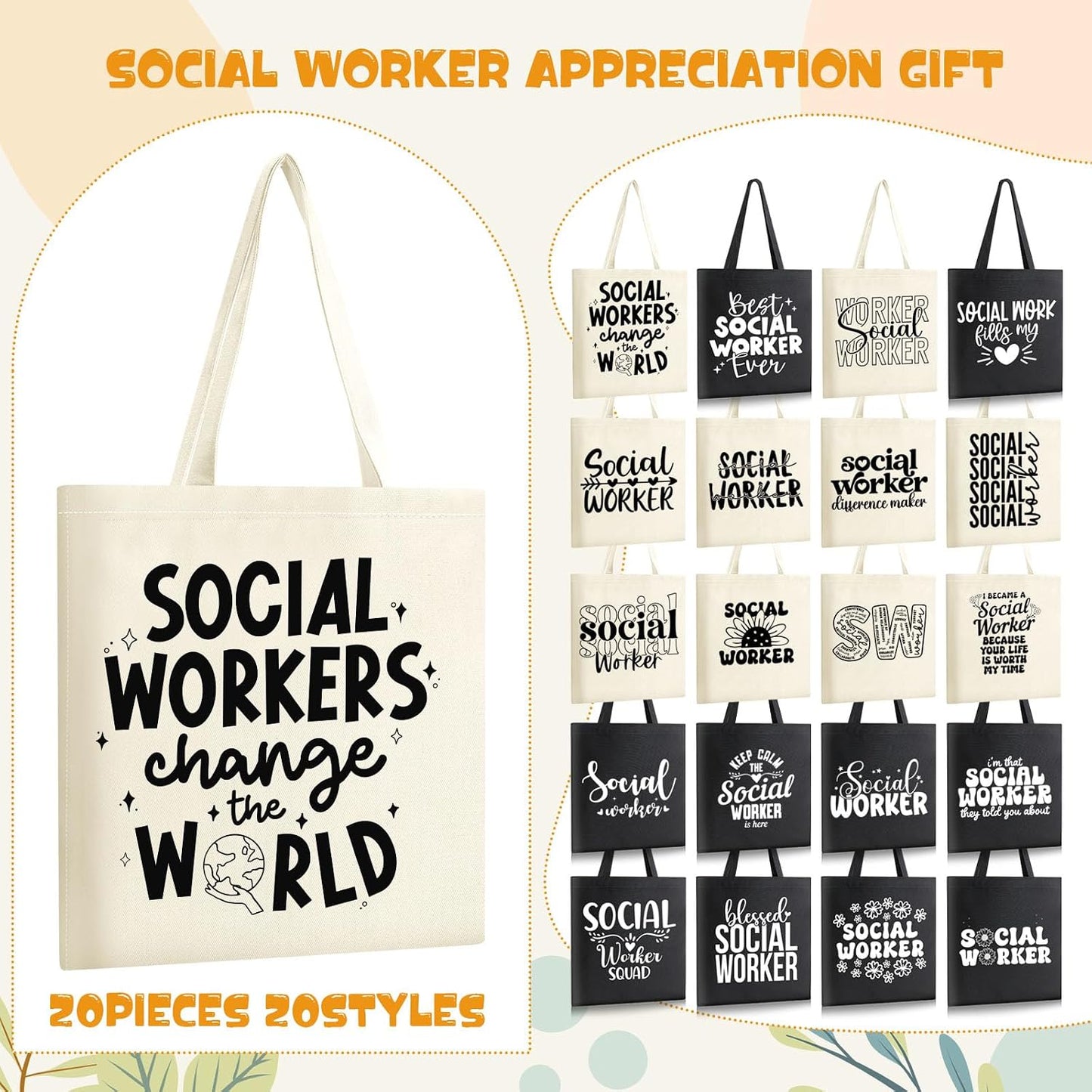 Paterr 20 Pcs Social Worker Appreciation Gift for Women Thank You Social Worker Gifts Canvas Tote Bag Bulk(White, Black) BST326H