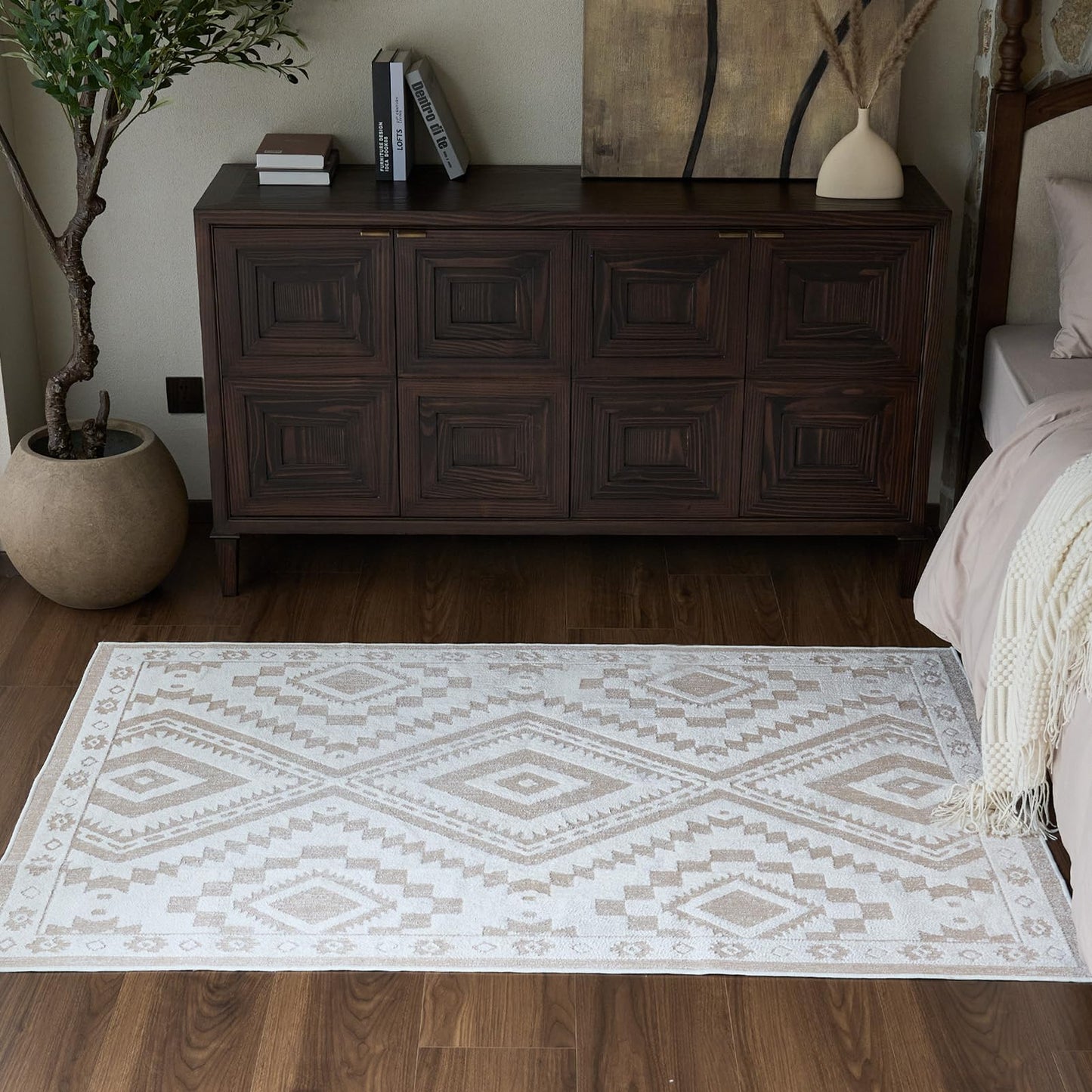 Moroccan Washable Area Rug 3x5, Geometric Tribal Decorative Woven Rug, Non-Slip Boho Farmhouse Soft Low-Pile Area Rug for Living Room Bedroom Nursery Dining Table, Dark Brown/White BST326H