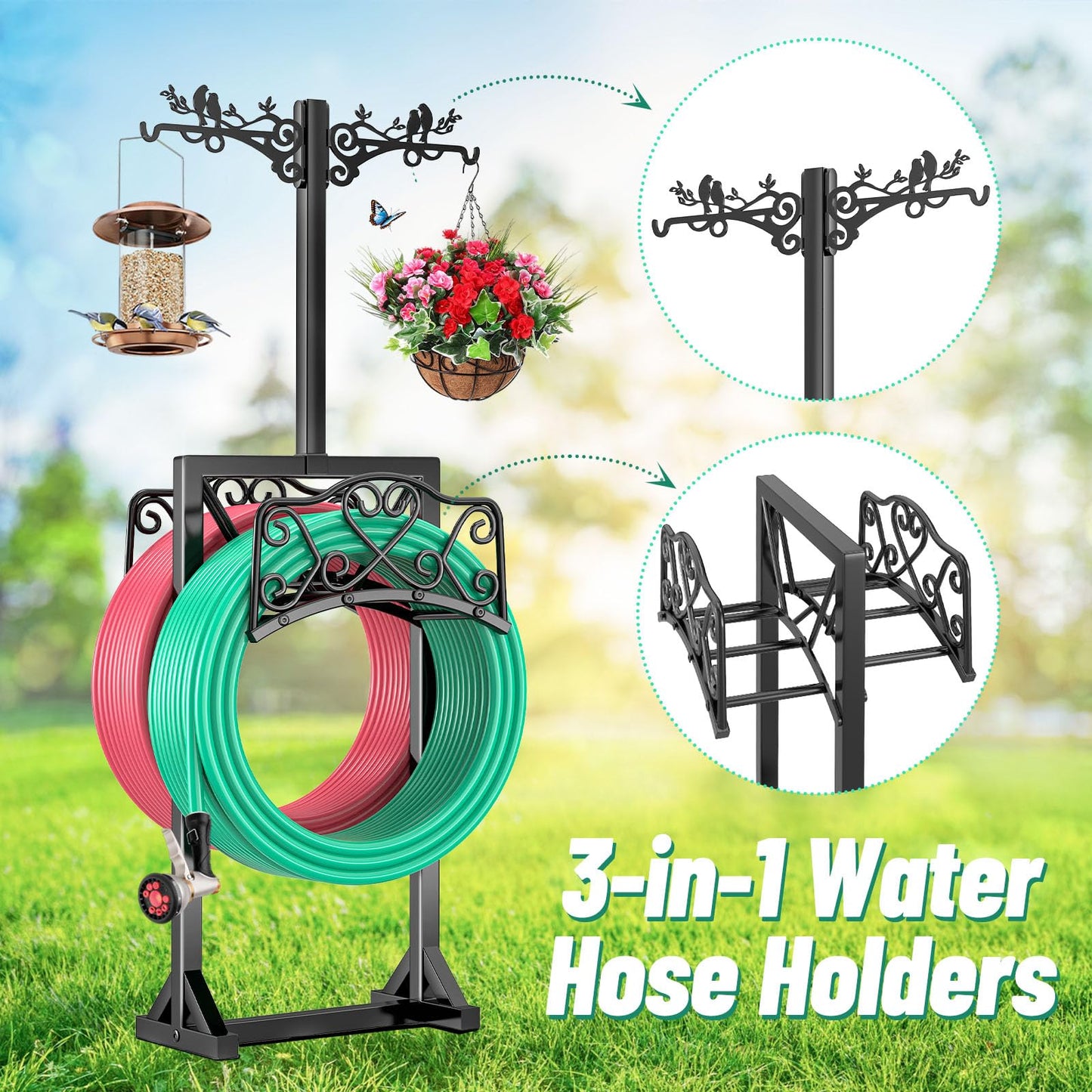 Garden Hose Holder, Freedstanding Heavy Duty Garden Water Hose Holder Stand with 2 Shepherds Hooks, Detachable Metal Hose Storage Hanger Rack for Outside Yard Lawn Farm DD1210